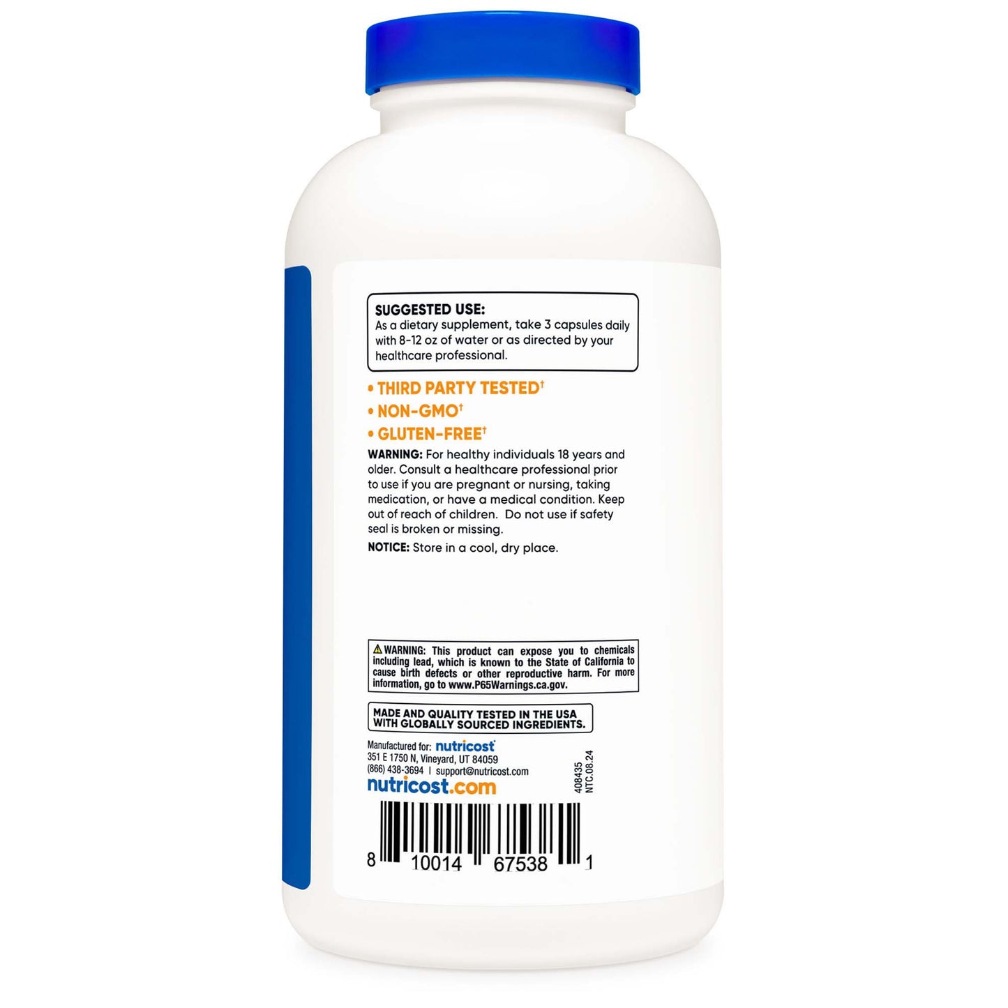 nutricost® Dietary Supplement Psyllium Husk 500 mg Strength Capsule 500 Per Bottle (1270252_BT)