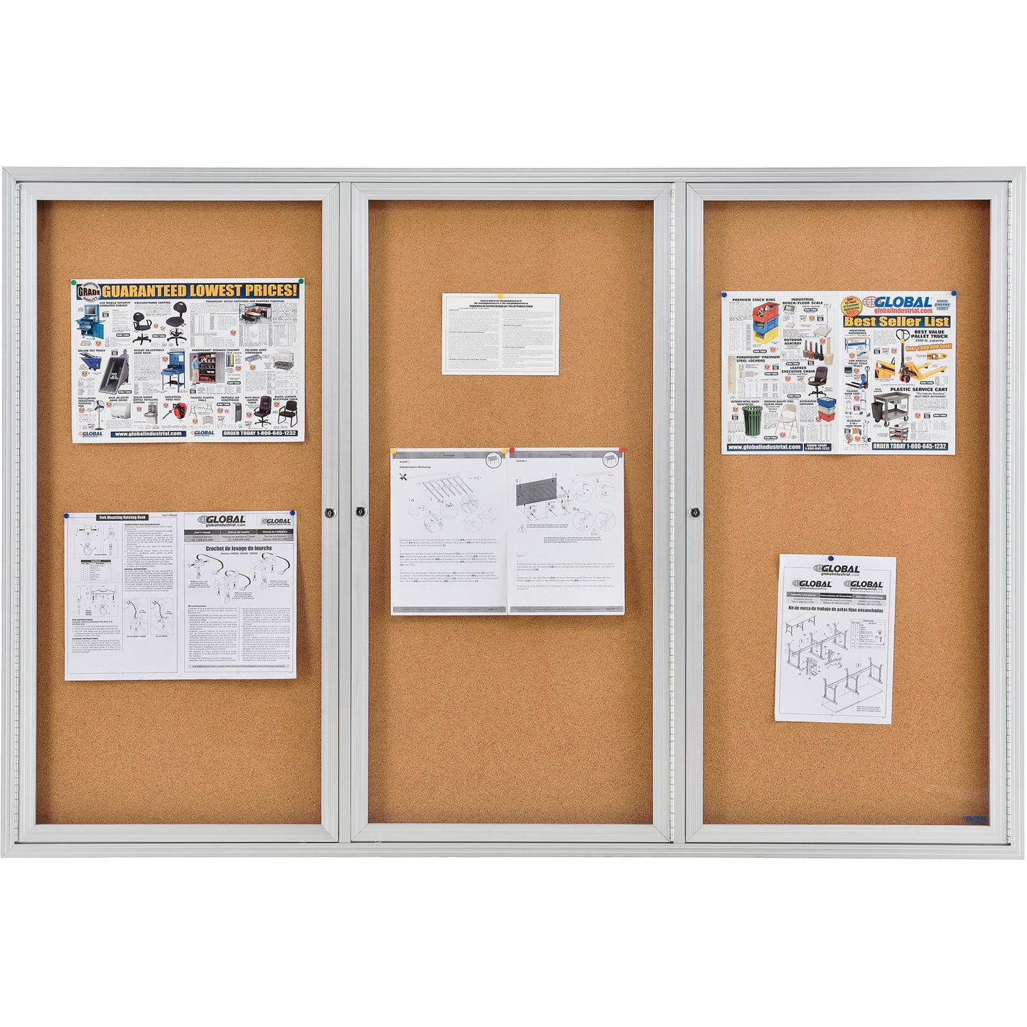 Global Industrial Enclosed Cork Bulletin Board - 72"W x 48"H - 3 Door (WB695542)