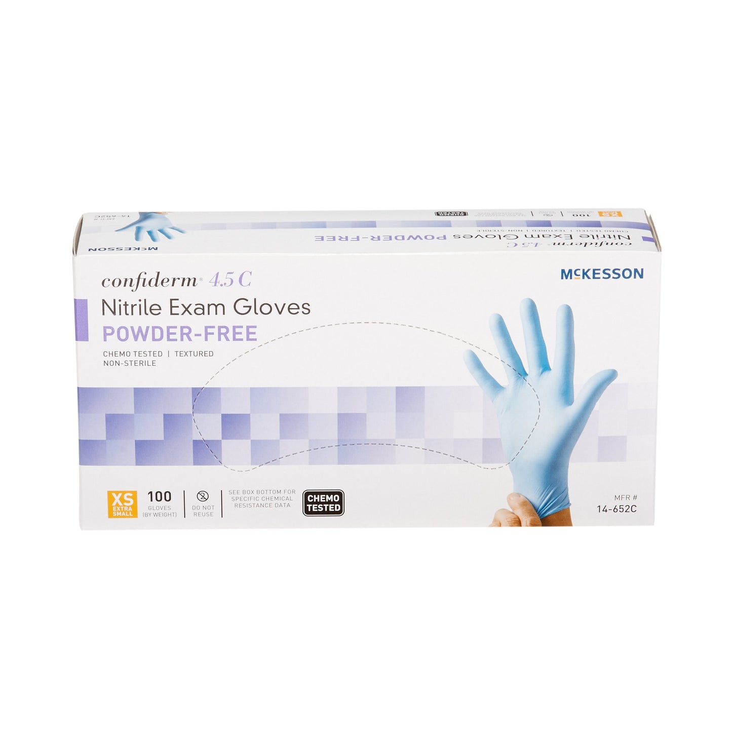 McKesson Confiderm® 4.5C Exam Glove X-Small NonSterile Nitrile Standard Cuff Length Textured Fingertips Blue Chemo Tested (921601_BX)