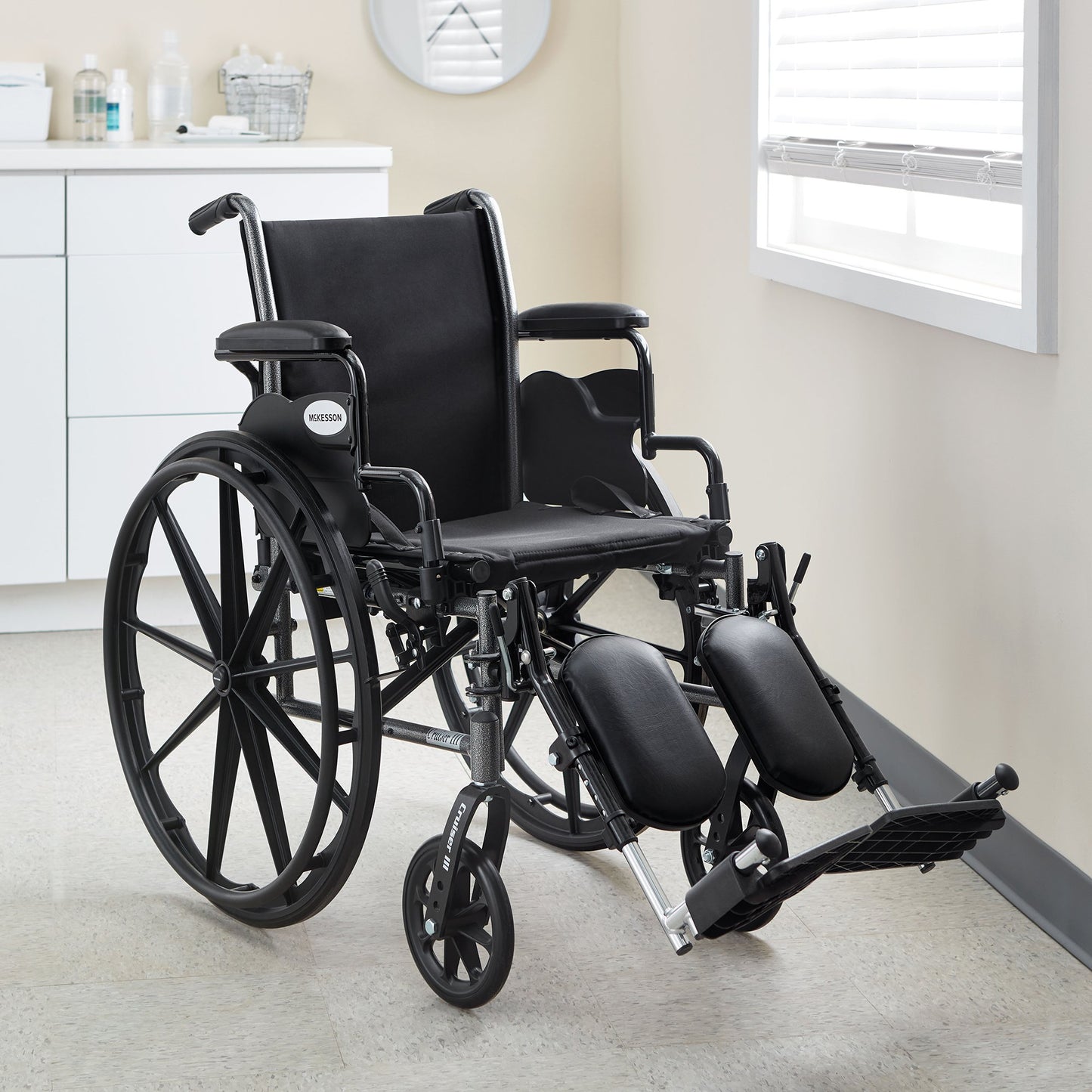 McKesson Lightweight Wheelchair Dual Axle Desk Length Arm Swing-Away Elevating Legrest Black Upholstery 16 Inch Seat Width Adult 300 lbs. Weight Capacity (1065283_EA)