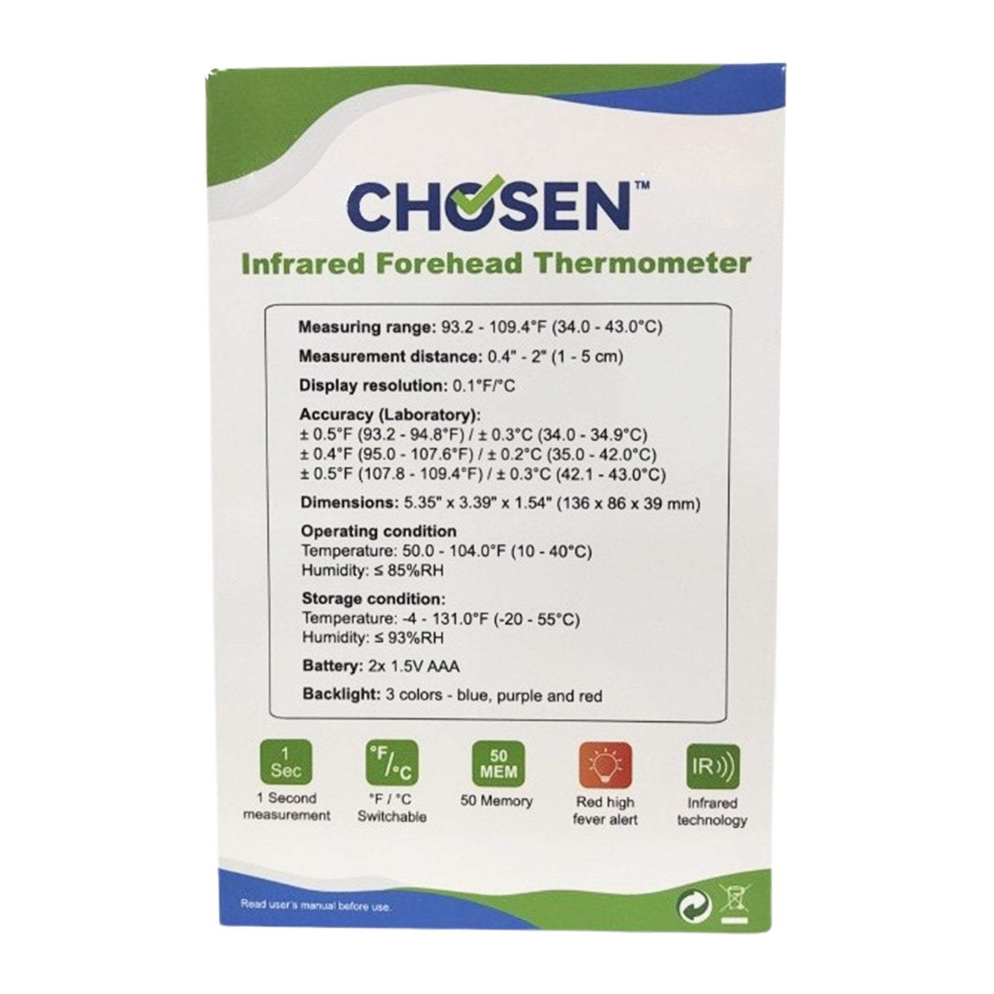 Chosen™ Non-Contact Skin Surface Thermometer Infrared Skin Probe Handheld (1249931_EA)