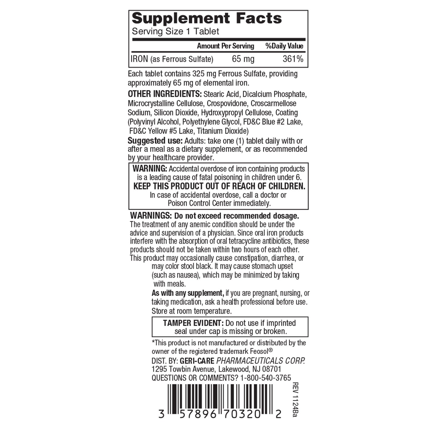 Geri-Care® Mineral Supplement Iron 325 mg Strength Tablet 200 per Bottle (1150846_BT)