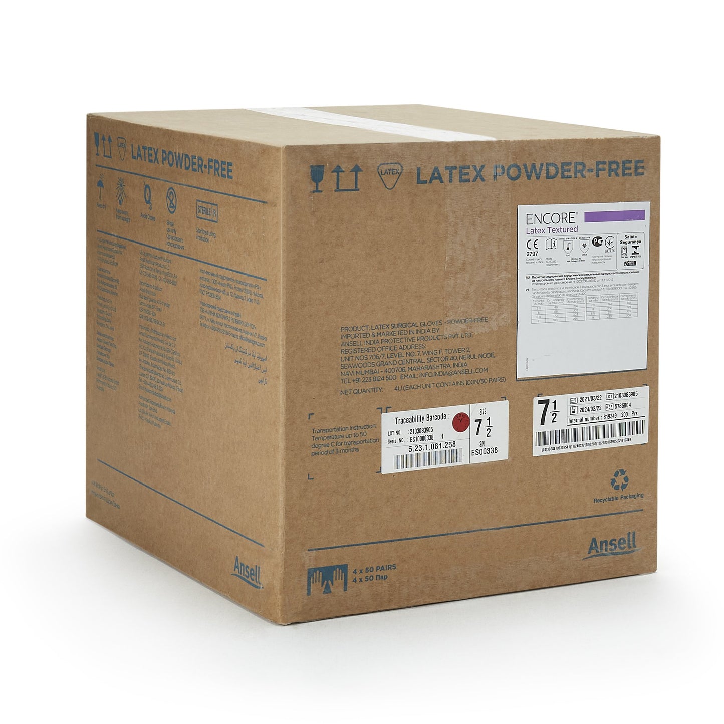 ENCORE® Latex Textured Surgical Glove Size 7.5 Sterile Latex Standard Cuff Length Fully Textured Ivory Chemo Tested (293296_EA)