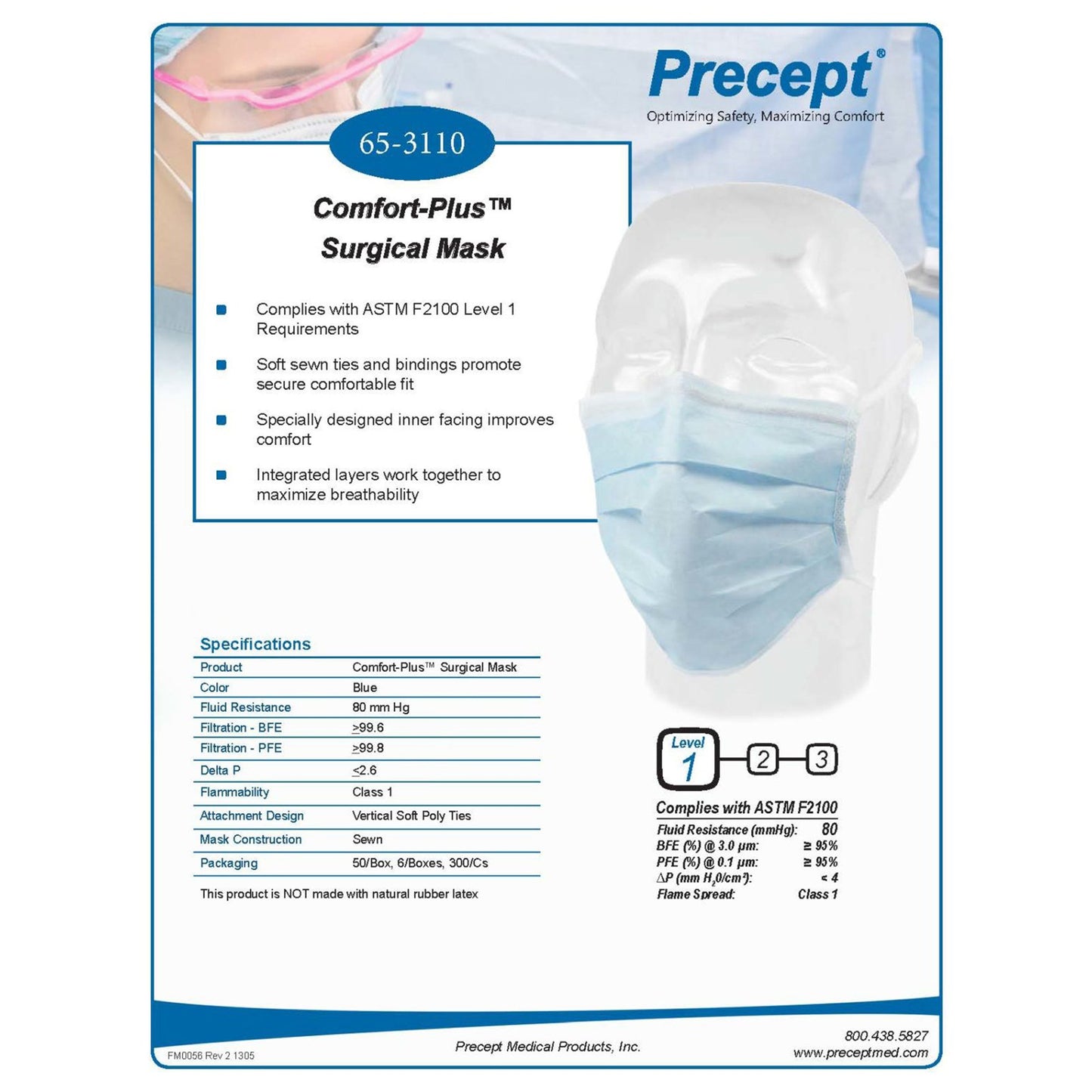 Precept® Comfort-Plus™ Surgical Mask ASTM Level 1 Tie Closure One Size Fits Most (554759_CS)