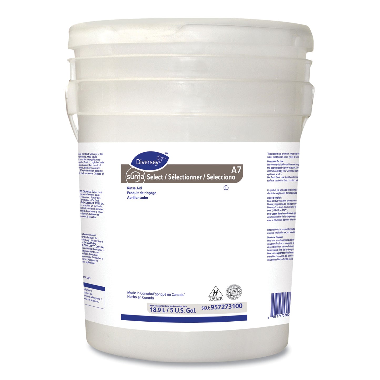Diversey™ Suma Select A7 Rinse Aid, Warewashing, Unscented, 5 gal Pail (DVS957273100)