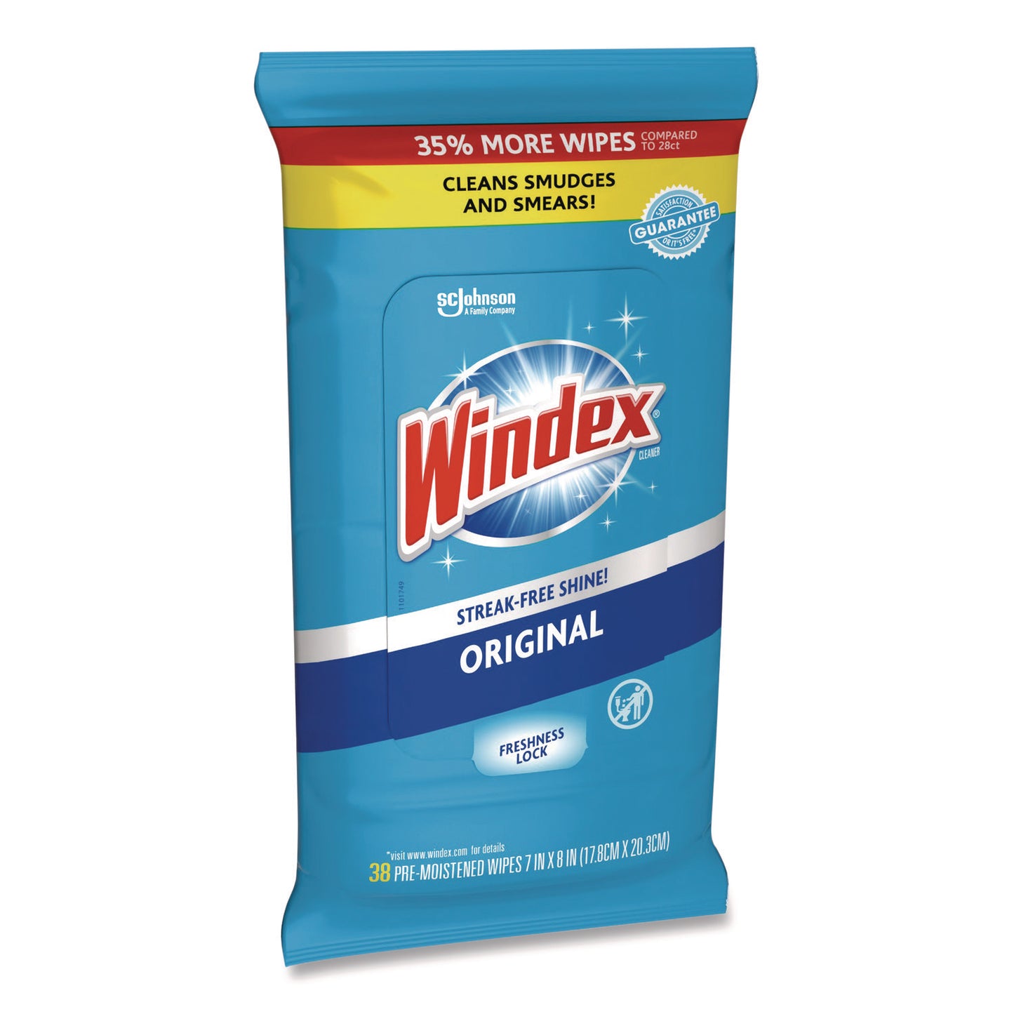 Windex® Glass and Surface Wet Wipe, Cloth, 7 x 8, Unscented, White, 38/Pack, 12 Packs/Carton (SJN378032)