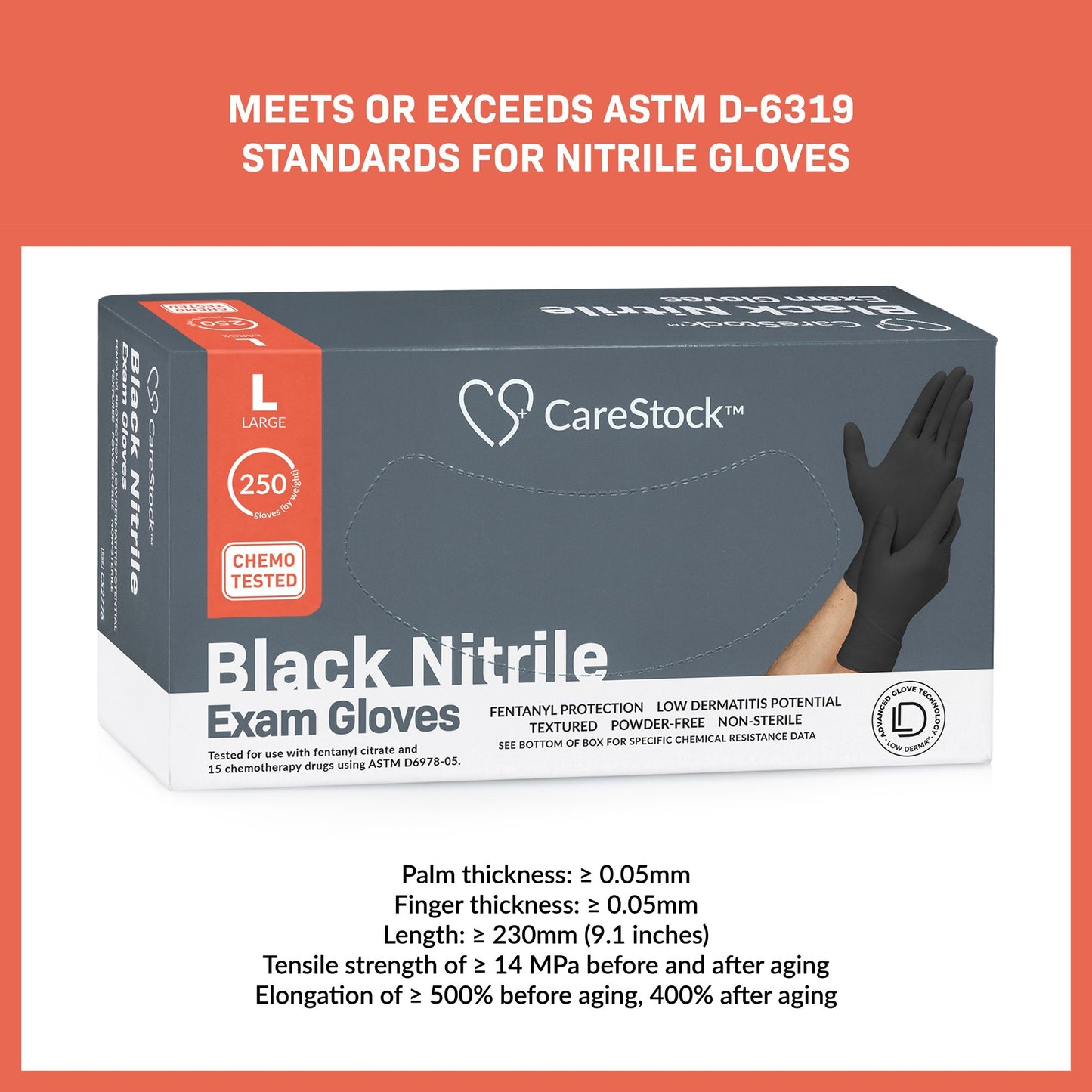 CareStock™ Exam Glove Large NonSterile Nitrile Standard Cuff Length Fully Textured Black Not Rated (1230894_BX)