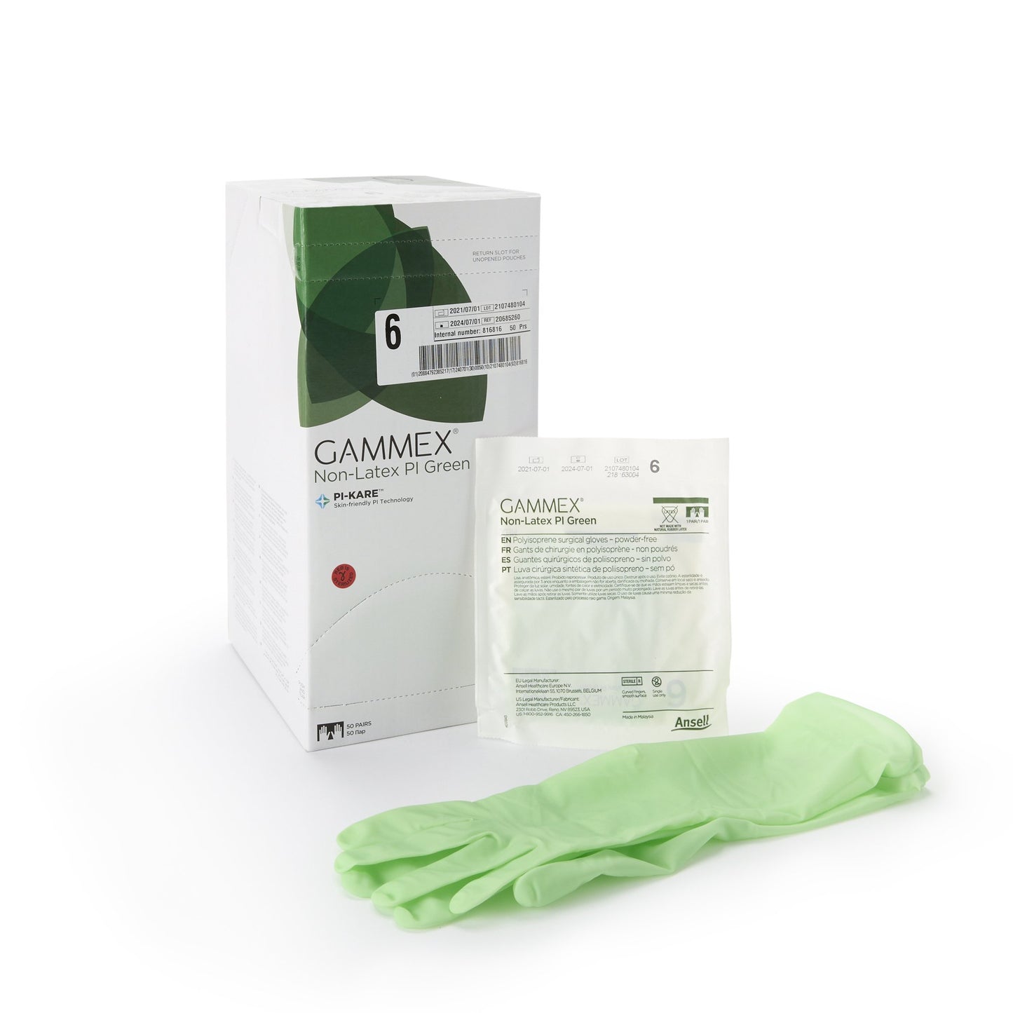 GAMMEX® Non-Latex PI Green Surgical Glove Size 6 Sterile Polyisoprene Standard Cuff Length Micro-Textured Light Green Chemo Tested (648141_BX)