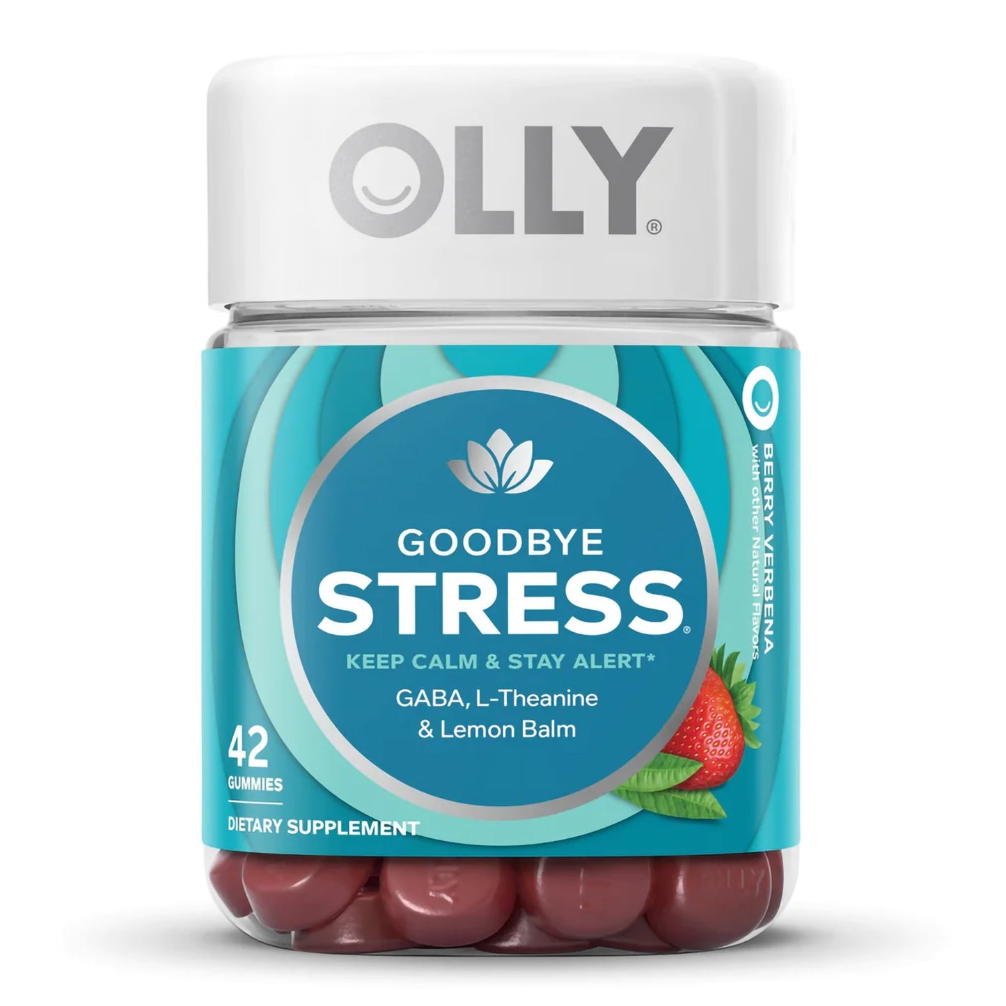 OLLY® Goodbye Stress® Dietary Supplement GABA / L-Theanine / Lemon Balm Extract 100 mg - 50 mg - 75 mg Strength Gummy 42 per Bottle Berry Verbena Flavor (1228393_BT)