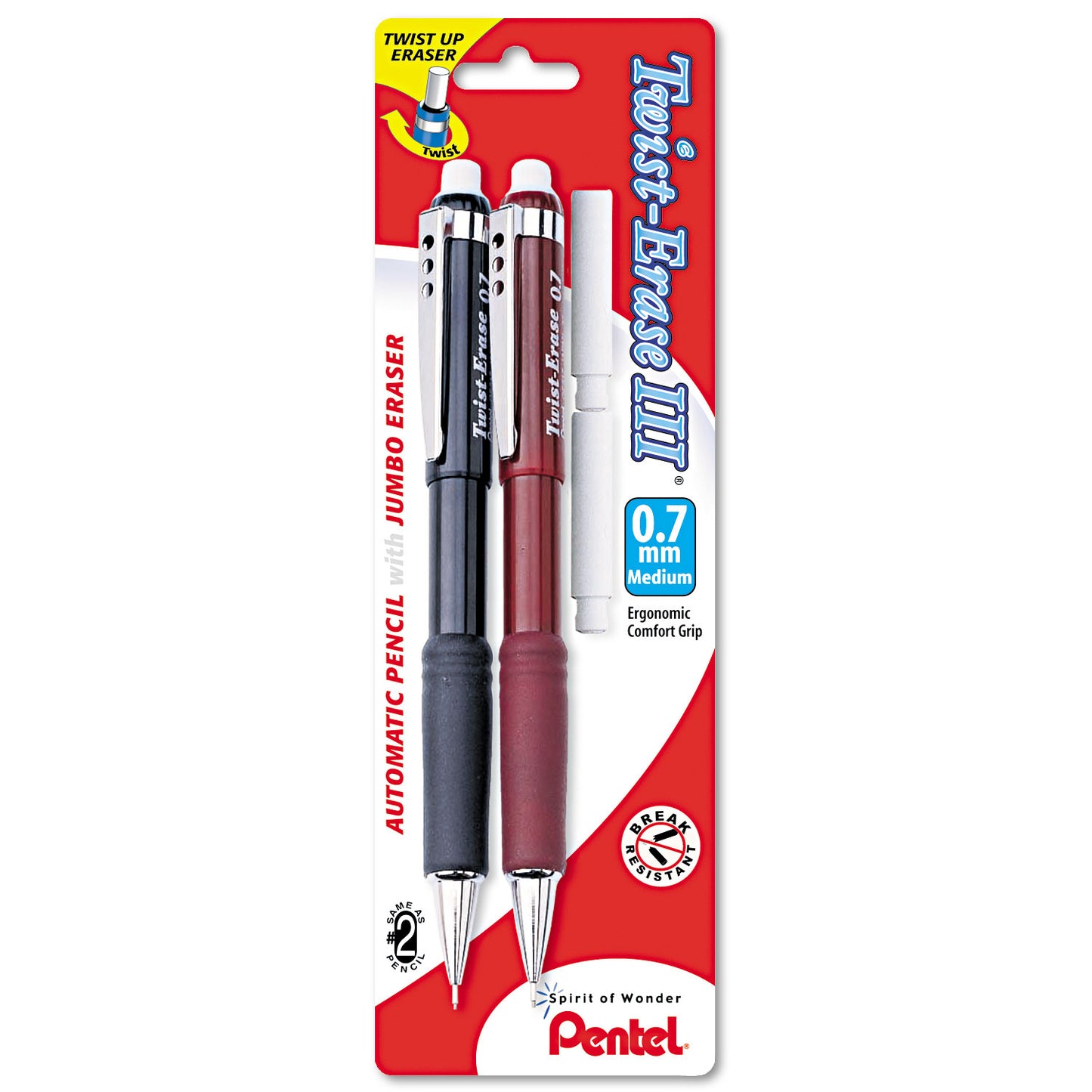 Pentel® Twist-Erase III Mechanical Pencil, 0.7 mm, HB (#2), Black Lead, Assorted Barrel Colors, 2/Pack (PENQE517BP2K6)
