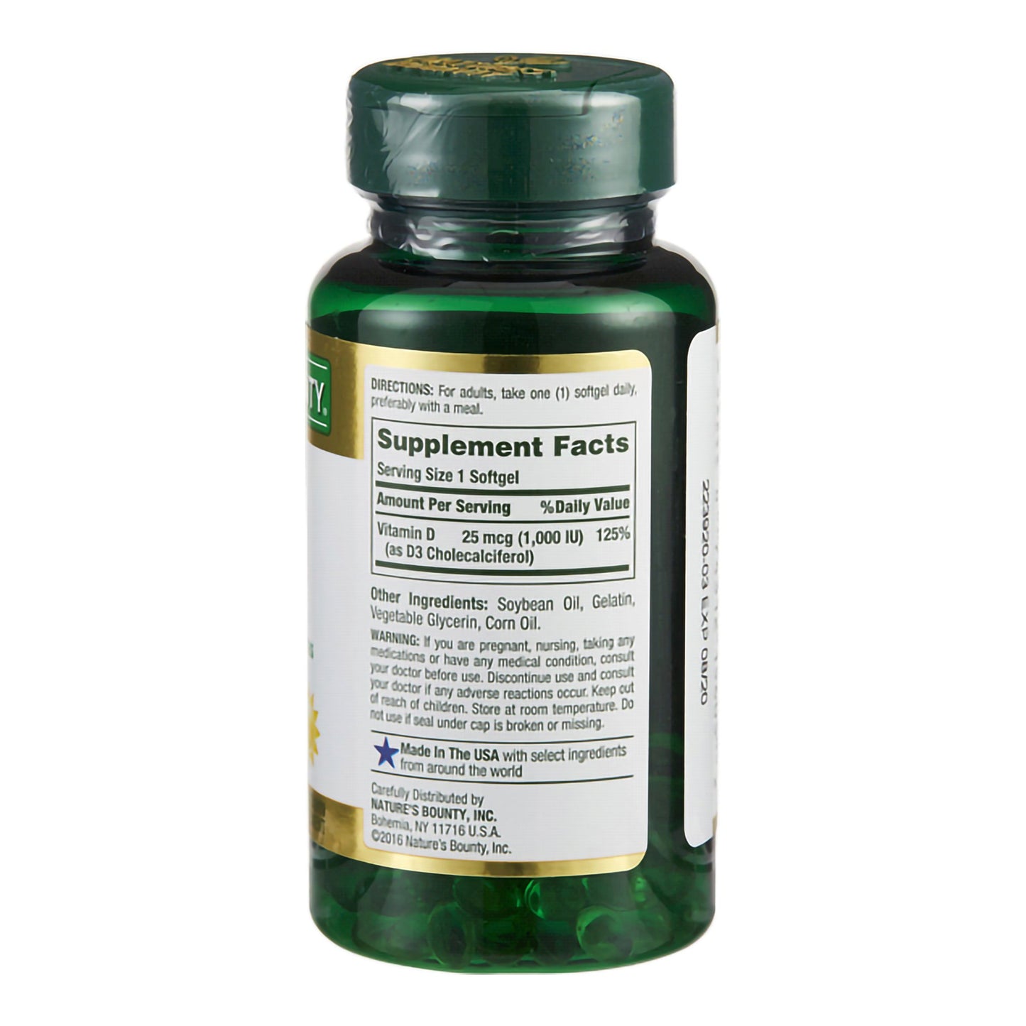 Nature's Bounty® Vitamin Supplement Vitamin D 1,000 IU Strength Softgel 100 per Bottle (852699_BT)