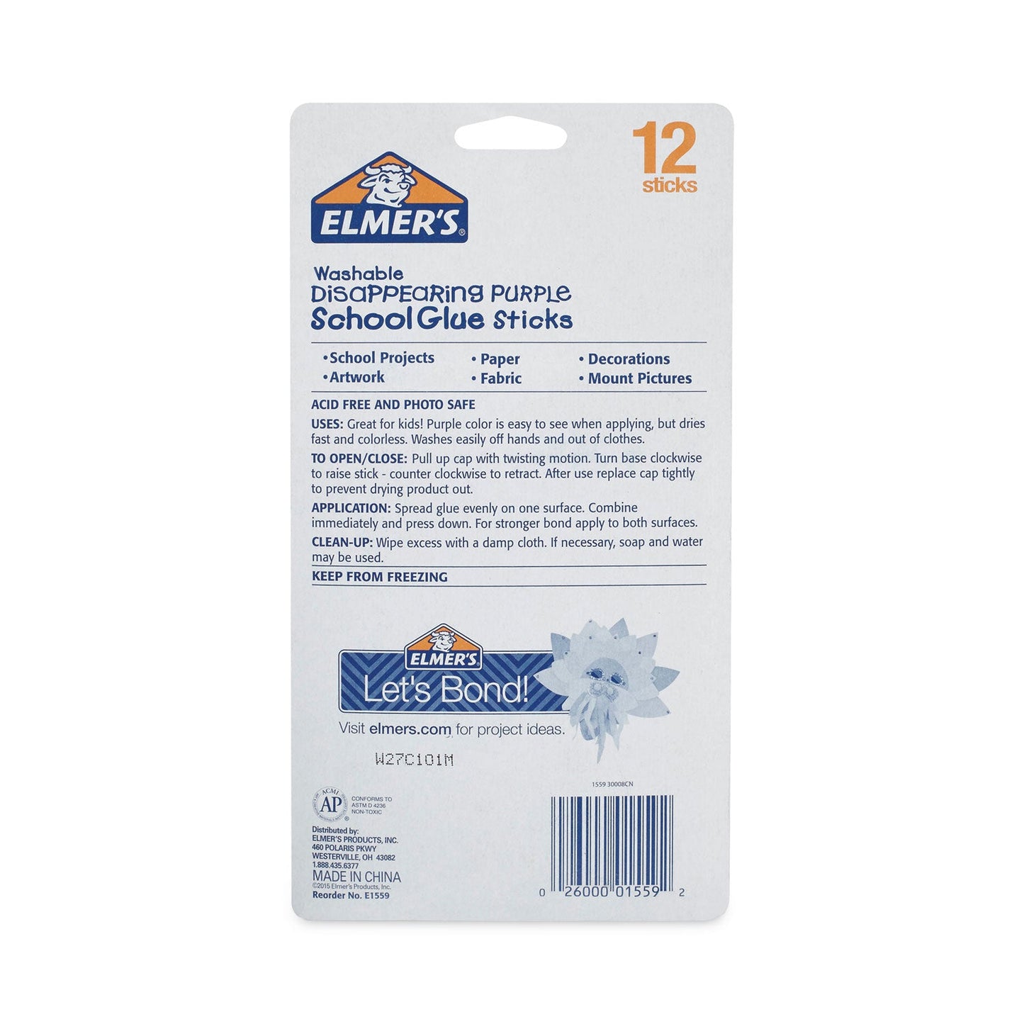 Elmer's® Disappearing Purple School Glue Stick, 0.21 oz, Dries Clear, 12/Pack (EPIE1559)
