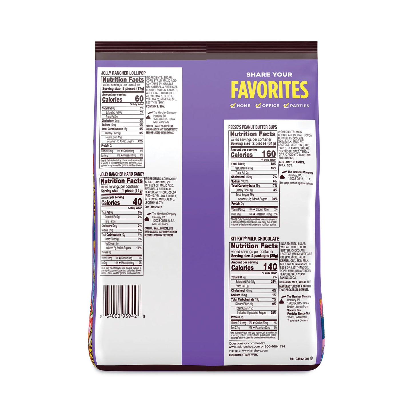 Hershey®'s Snack-Size Sweets and Chocolate Assortment Party Pack, 34.19 oz Bag (HRSHEC93942)