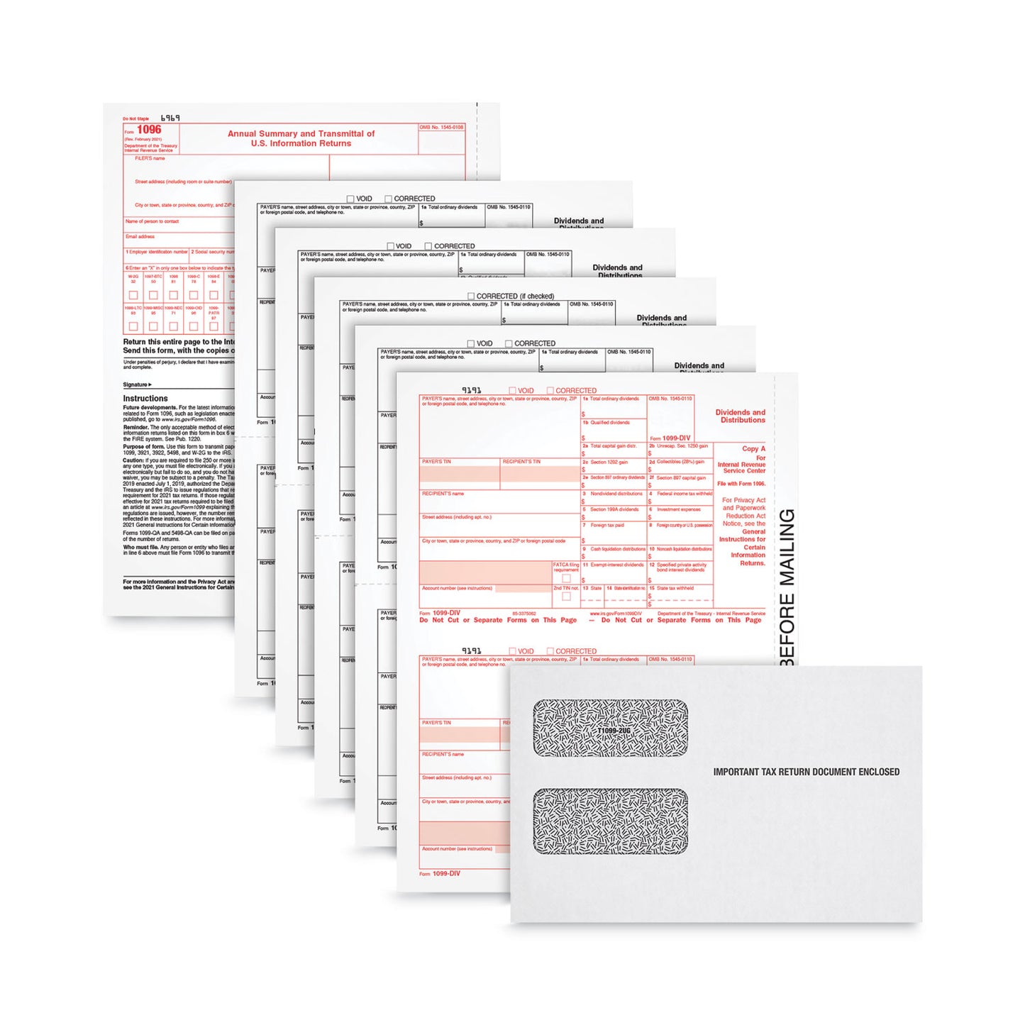 TOPS™ Five-Part 1099-DIV Tax Form Kit for Inkjet/Laser Printers, Five-Part Carbonless, 8.5 x 5.5, 2 Forms/Sheet, 100 Forms Total (TOPLDIV4KITS)