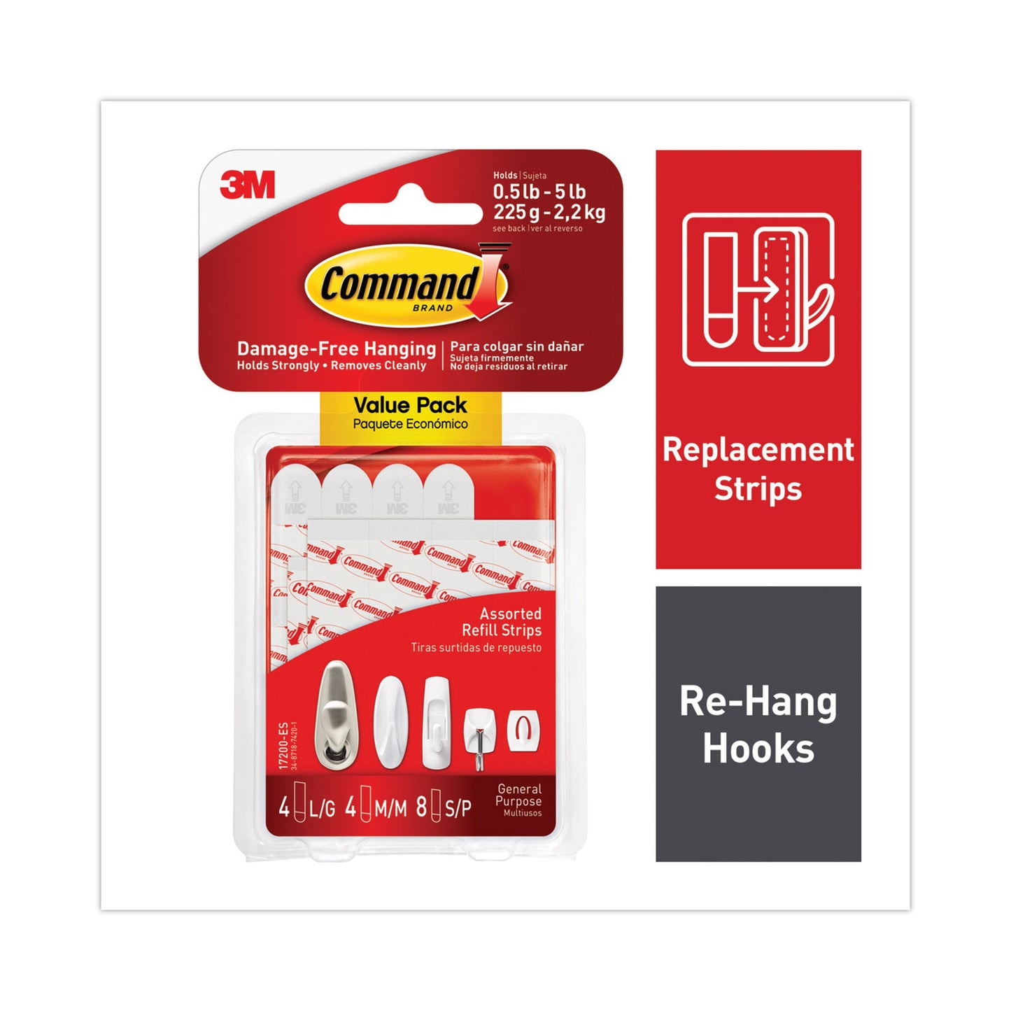 Command™ Damage-Free Hanging Indoor Refill Strips, (8) Small (0.63" x 1.81"), (4) Med (0.63" x 2.75"), (4) Large (0.75" x 3.65"),White (MMM17200)