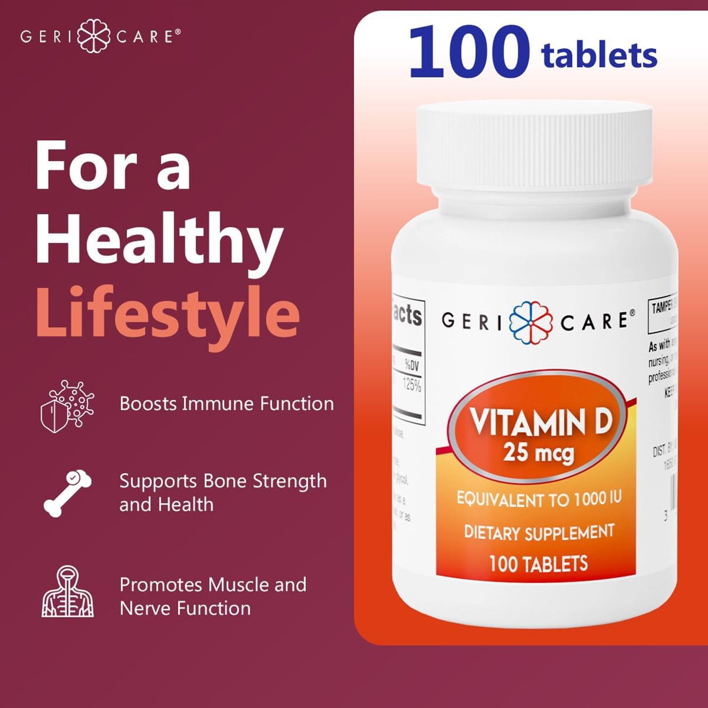 Geri-Care® Vitamin Supplement Vitamin D3 1,000 IU Strength Tablet 100 per Bottle (866980_BT)