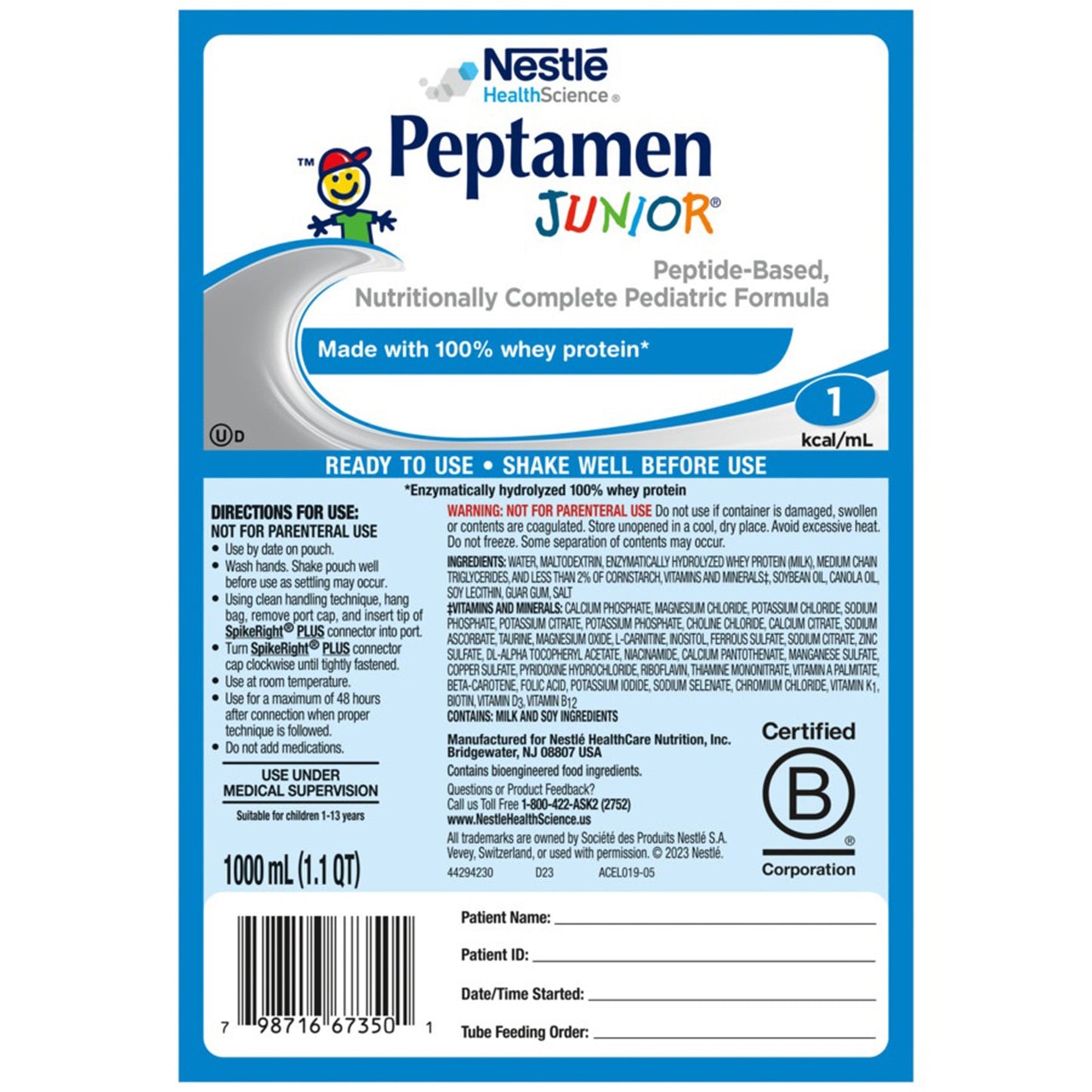 Peptamen Junior® Pediatric Tube Feeding Formula Unflavored 1000 mL Bag Liquid Whey Protein Impaired GI Function (664067_CS)