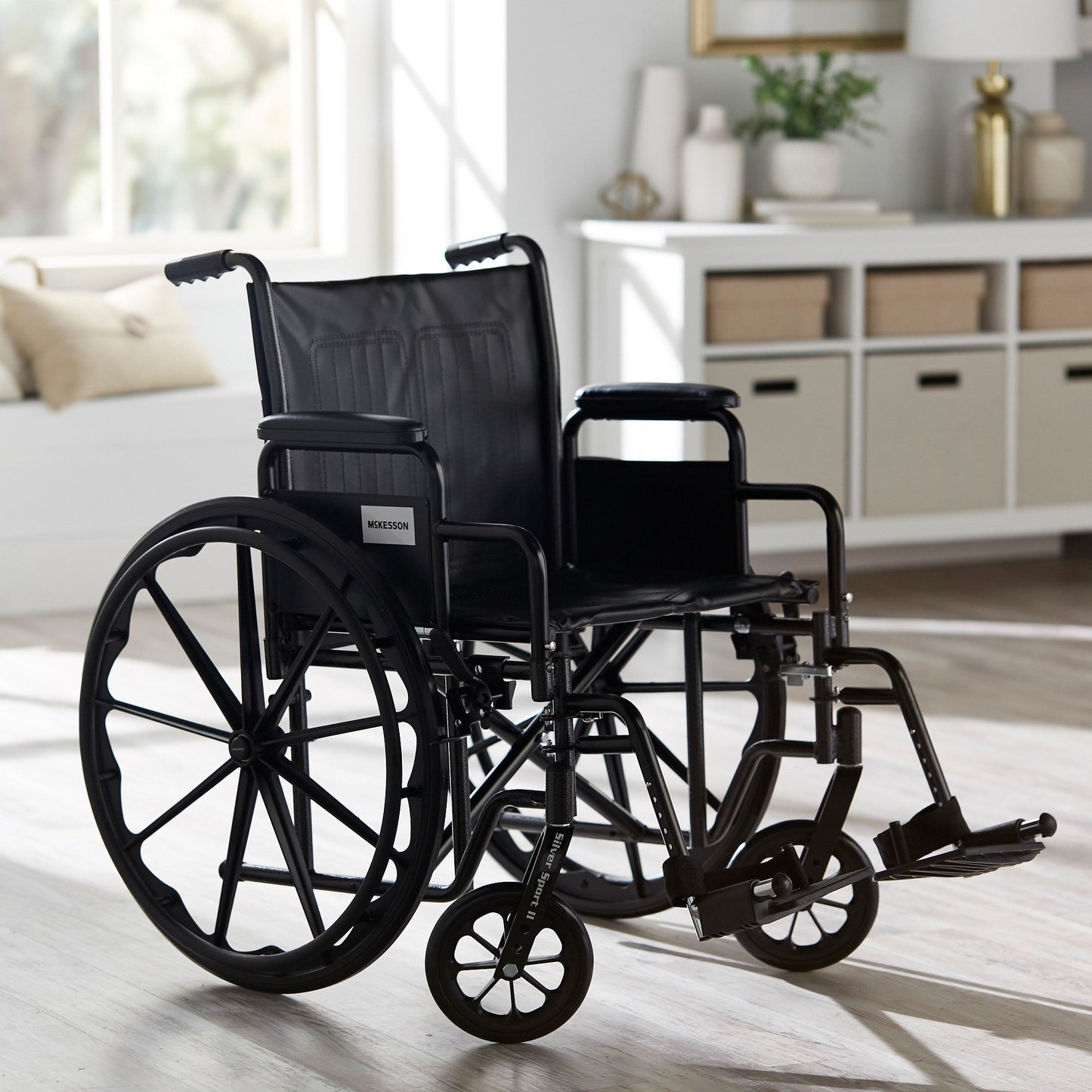McKesson Wheelchair Dual Axle Desk Length Arm Swing-Away Footrest Black Upholstery 20 Inch Seat Width Adult 350 lbs. Weight Capacity (1065278_EA)