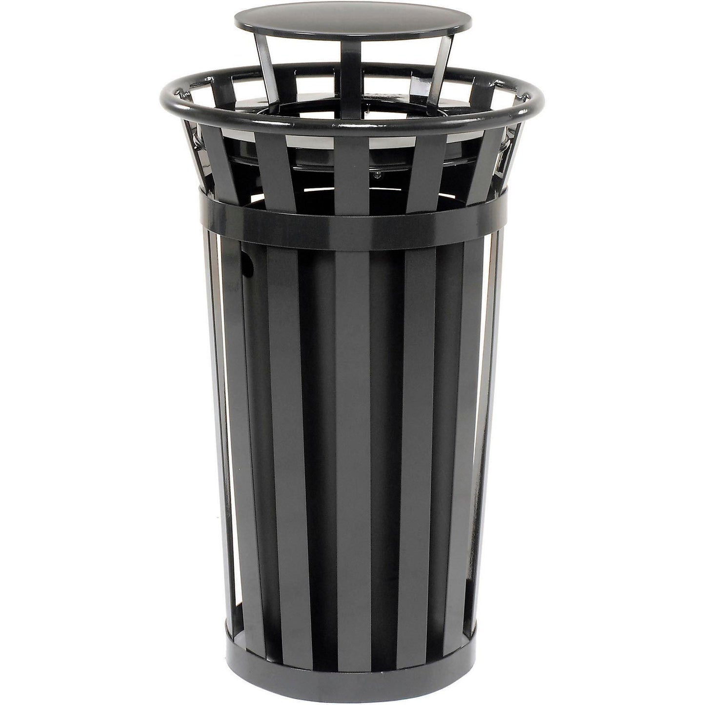 Global Industrial Outdoor Slatted Steel Trash Can With Rain Bonnet Lid, 24 Gallon, Black (WB260803BK)