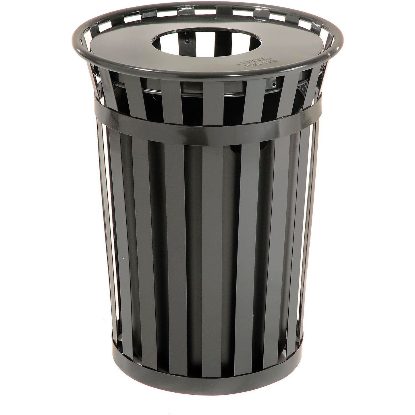 Global Industrial Outdoor Slatted Steel Trash Can With Flat Lid, 36 Gallon, Black (WB237726BK)