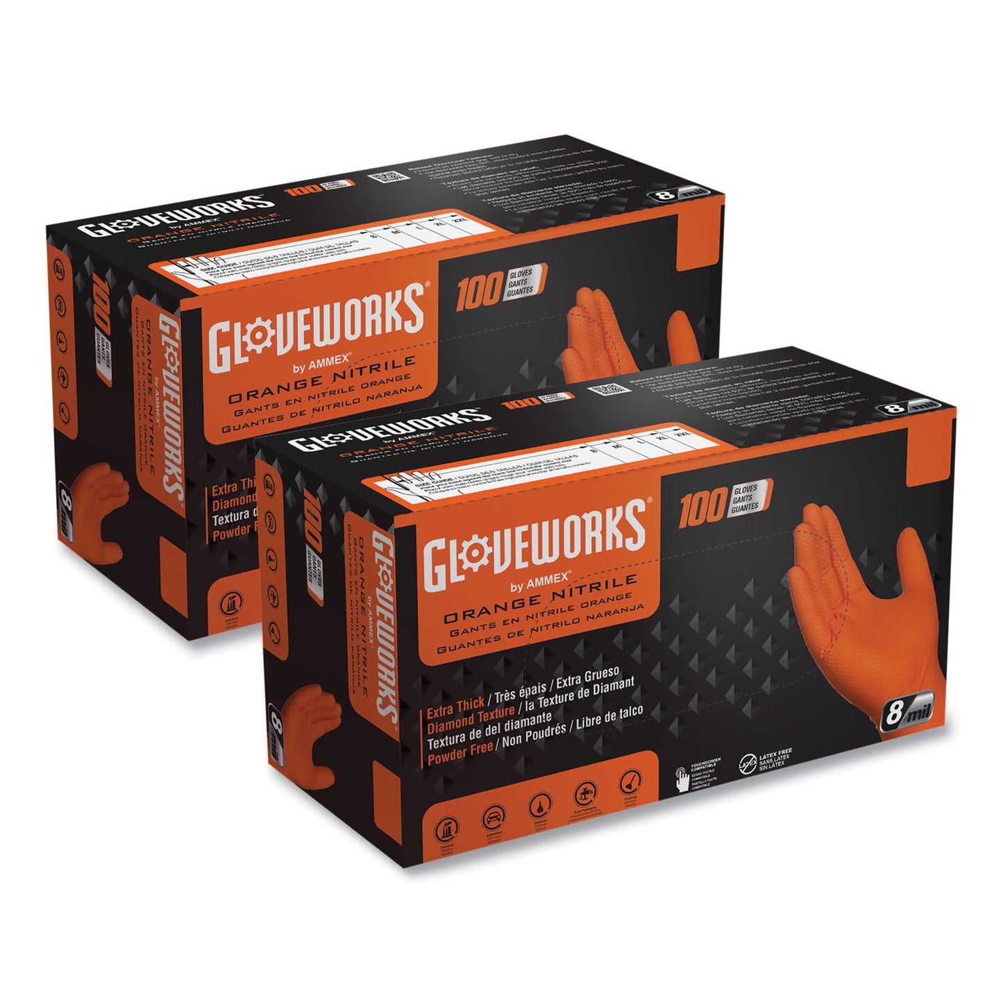 GloveWorks® by AMMEX® Heavy-Duty Industrial Nitrile Gloves, Powder-Free, Medium, 8 mil Thick, 9.5" Long, Orange, 100/Box (AXCGWON44100)