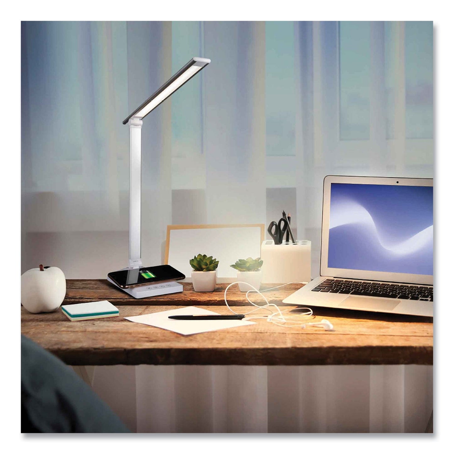 OttLite Wellness Series Entice LED Desk Lamp with Wireless Charging, Silver Arm, 11" to 22" High, White (OTTCSDQA02WSHPR)