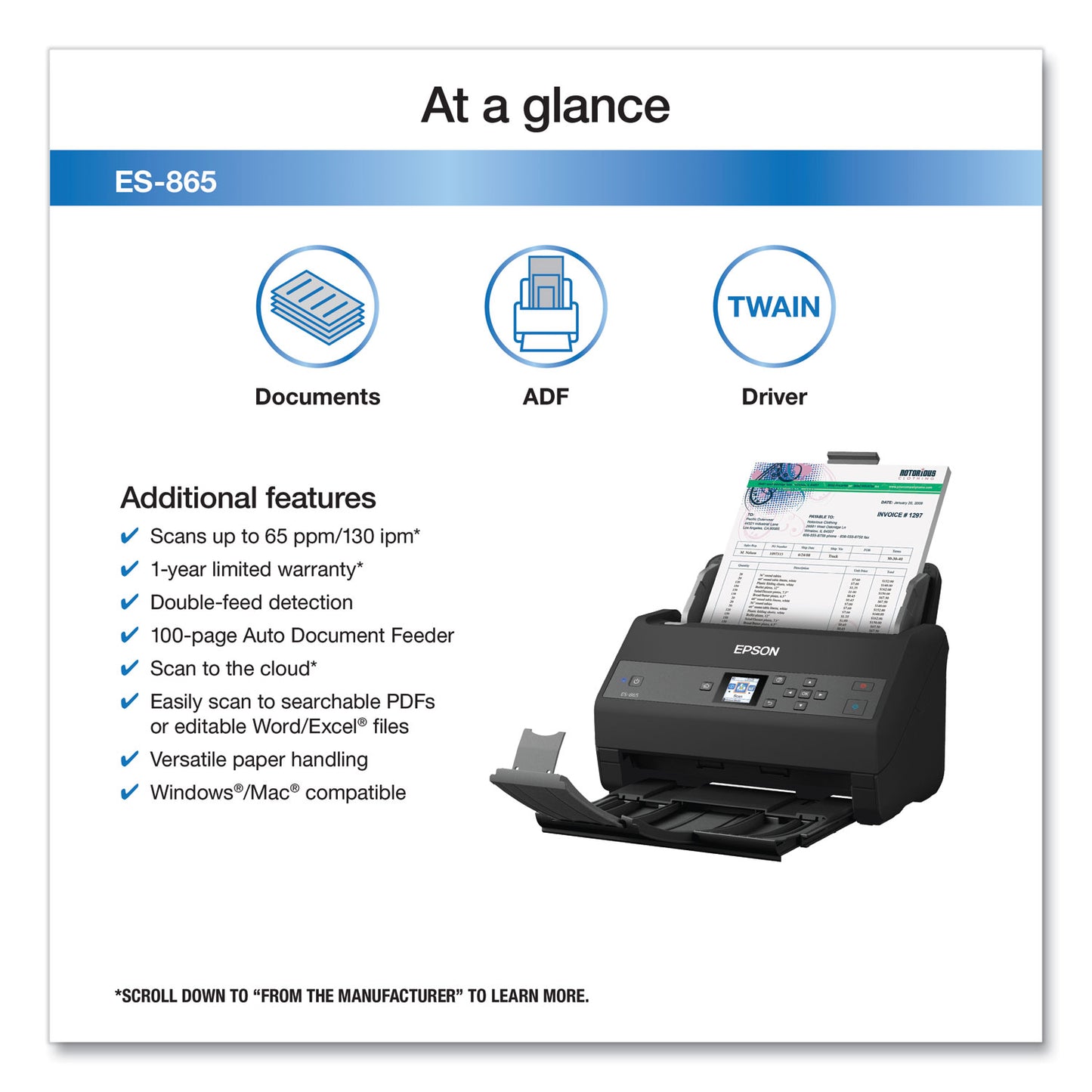 Epson® WorkForce ES-865 Color Duplex Document Scanner, 600 dpi Optical Resolution, 100-Sheet Duplex Auto Document Feeder (EPSB11B250202)