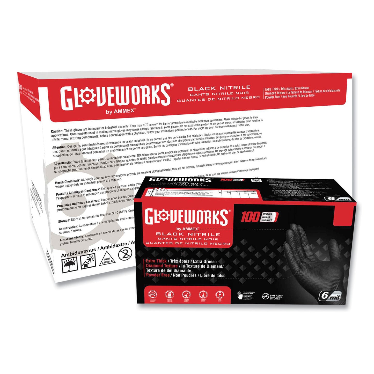 GloveWorks® by AMMEX® Heavy-Duty Industrial Nitrile Gloves, Powder-Free, X-Large, 6 mil Thick, 9.5" Long, Black, 100/Box, 10 Boxes/Carton (AXCGWBN48100)