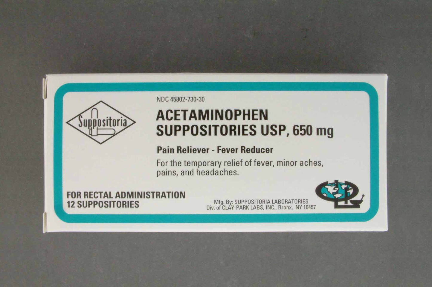 Clay Park Laboratories Pain Relief 650 mg Strength Acetaminophen Rectal Suppository 12 per Box (245598_BX)