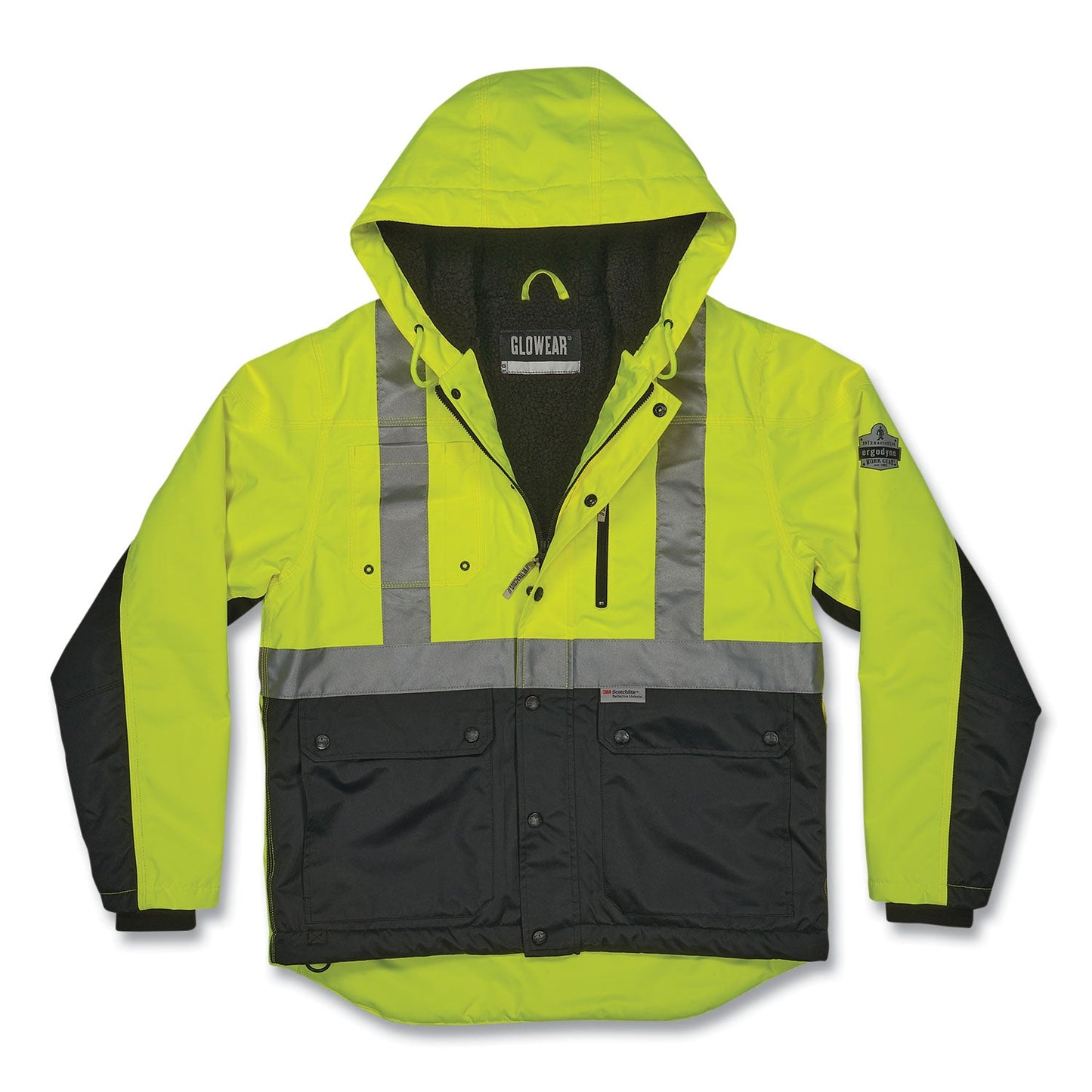 Ergodyne GloWear 8275 Class 2 Heavy-Duty Hi-Vis Workwear Sherpa Lined Jacket, Medium, Lime (EGO23973)