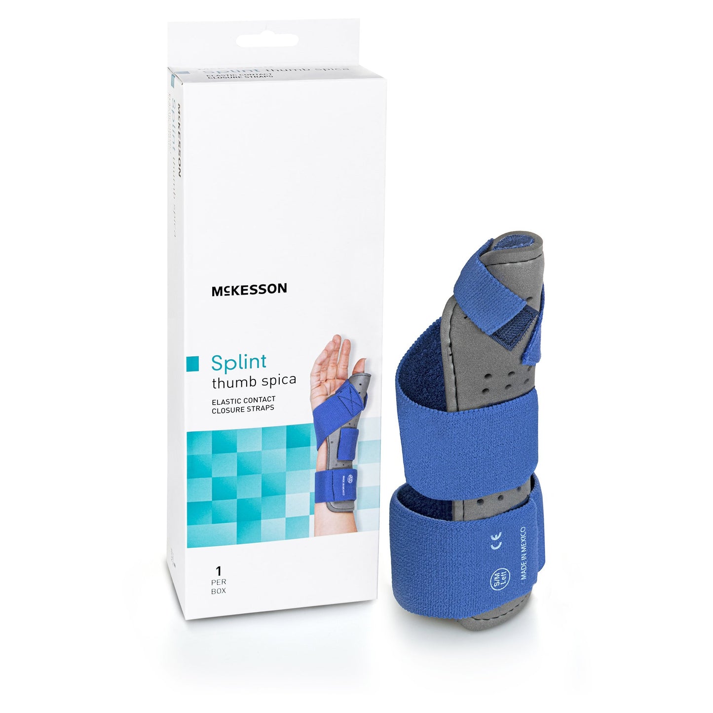 McKesson Wrist Splint with Thumb Spica Thumb Spica Nylon / Cotton-Terry / Foam / Elastic / Spandex Left Hand Blue / Gray Small / Medium (1159133_EA)