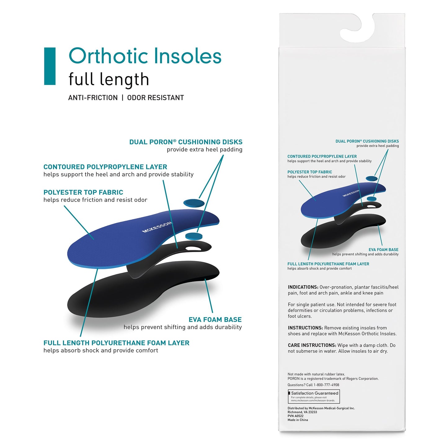 McKesson Orthotic Insole Full Length EVA / Polyester / Polypropylene / Poron® Female 11 to 11-1/2 / Male 9 to 9-1/2 Black / Blue (1205396_BX)