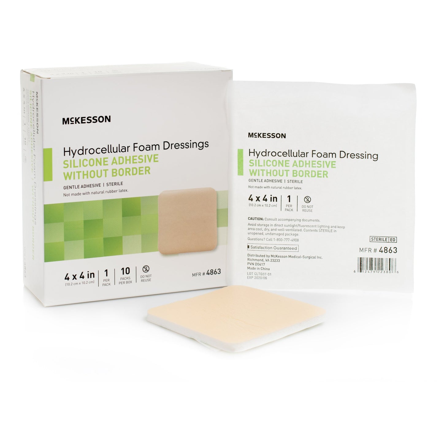 McKesson Foam Dressing 4 X 4 Inch Without Border Film Backing Silicone Gel Adhesive Square Sterile (1083086_EA)