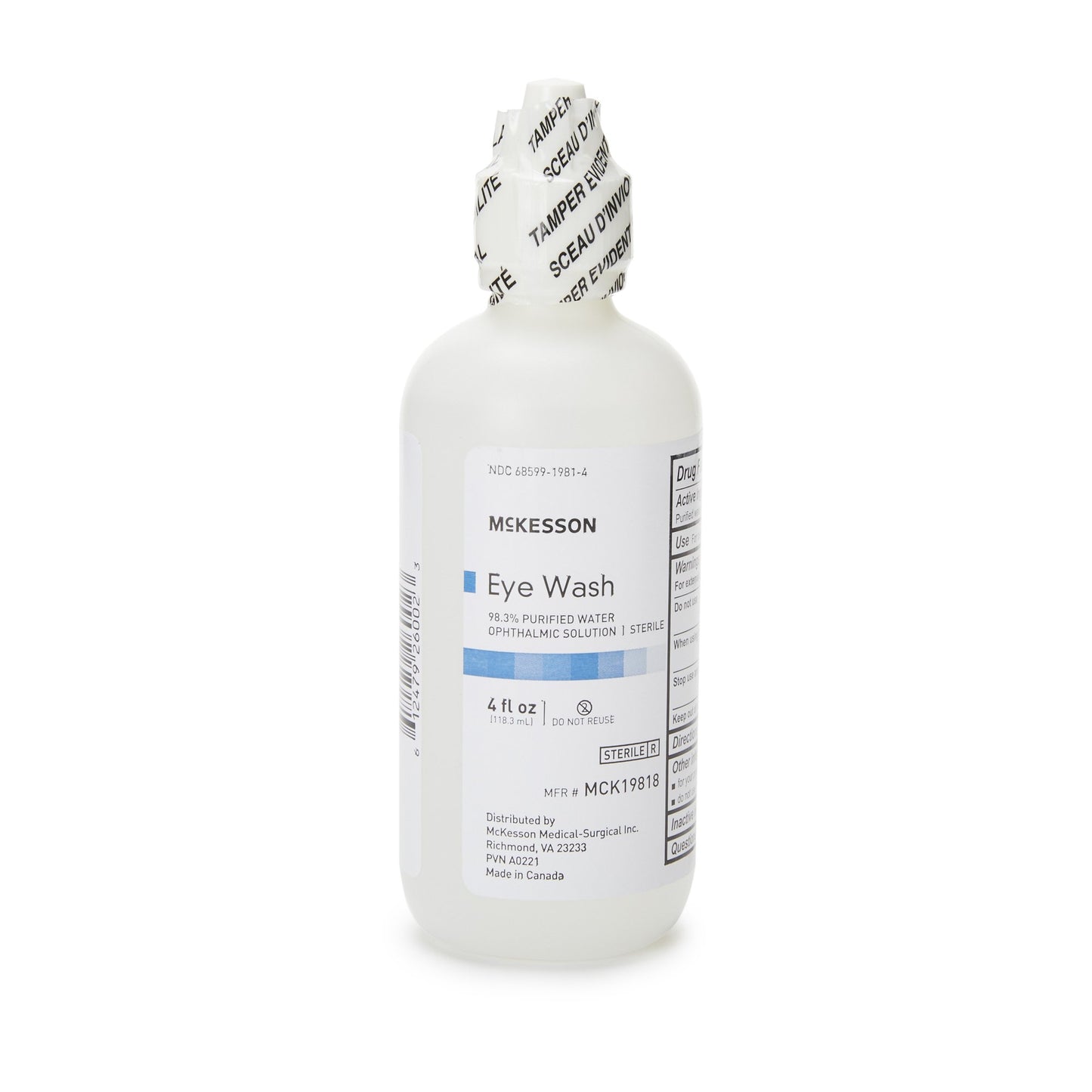 McKesson Eyewash Solution Active ingredient: 98.3% Purified Water Inactive ingredients: boric acid, sodium borate, sodium chloride 4 oz. Squeeze Bottle (1188885_EA)