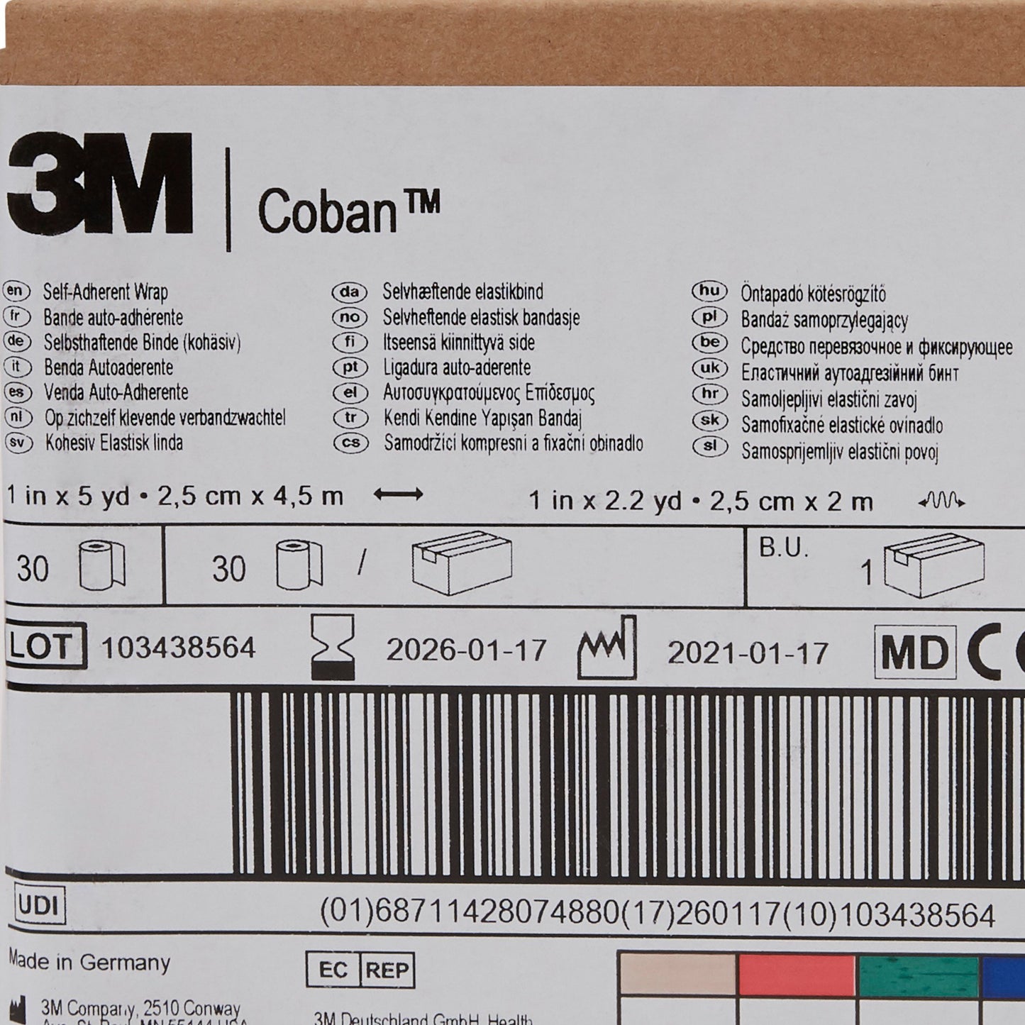 3M™ Coban™ Cohesive Bandage 1 Inch X 5 Yard Self-Adherent Closure Blue NonSterile Standard Compression (222000_CS)