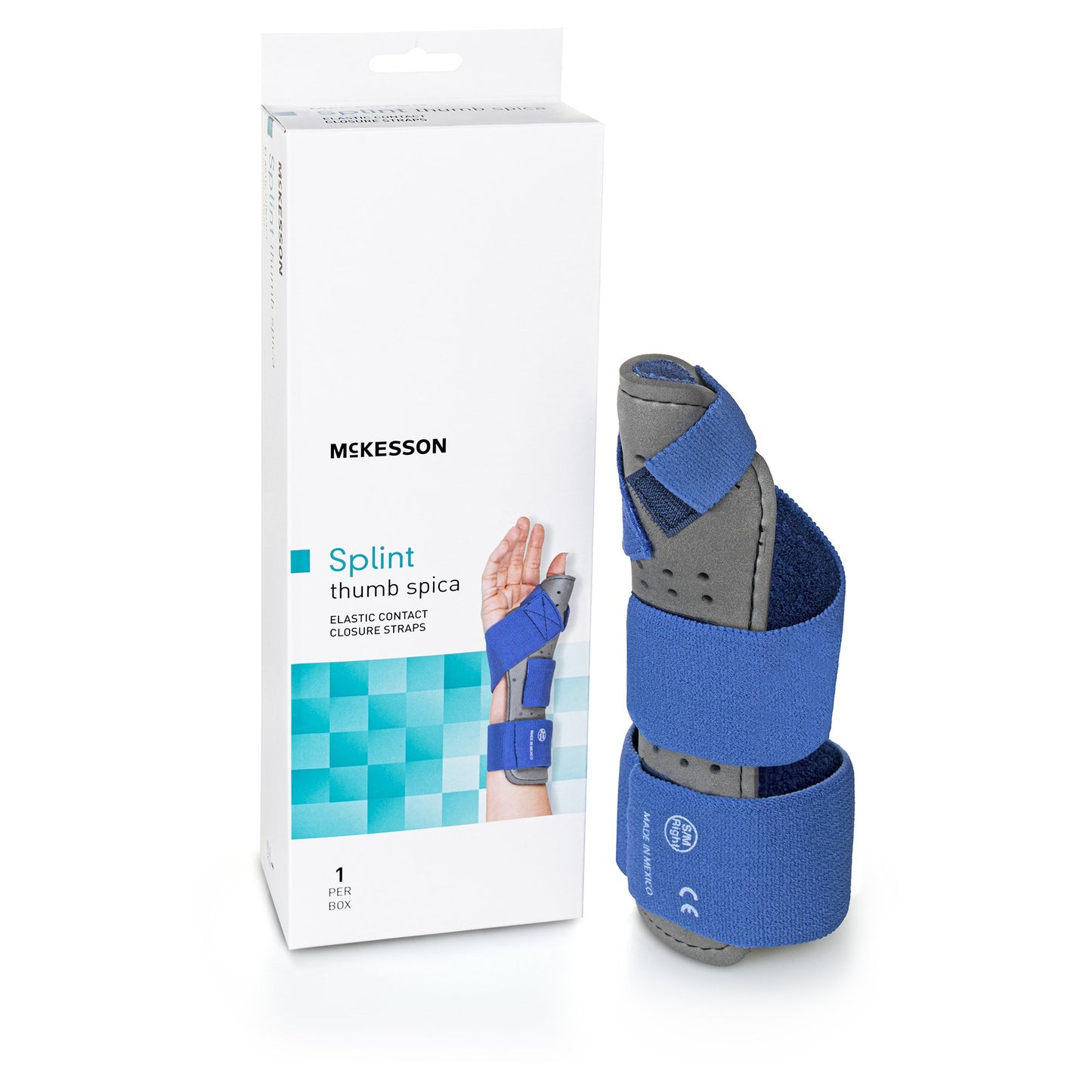 McKesson Wrist / Hand Brace with Thumb Spica Thumb Spica Nylon / Cotton-Terry / Foam / Elastic / Spandex Right Hand Blue / Gray Small / Medium (1159132_EA)