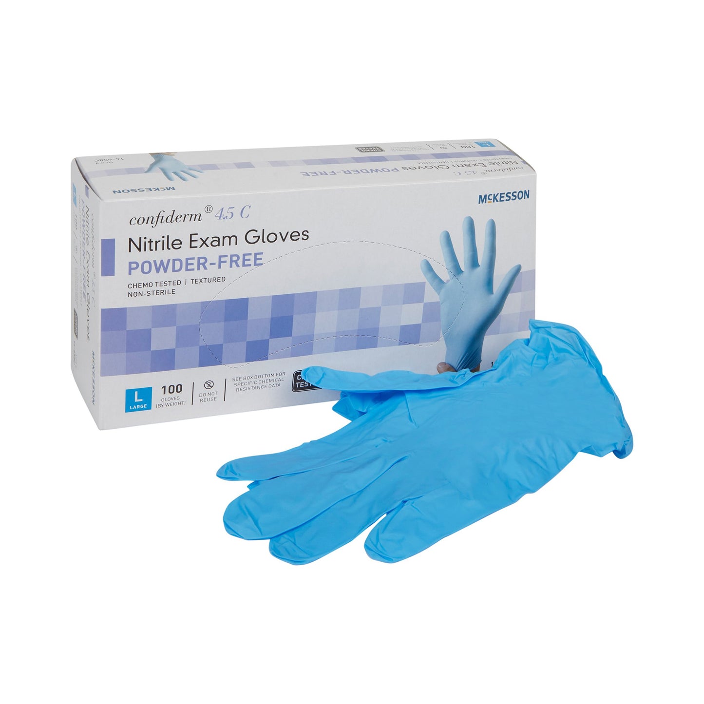 McKesson Confiderm® 4.5C Exam Glove Large NonSterile Nitrile Standard Cuff Length Textured Fingertips Blue Chemo Tested (921604_BX)