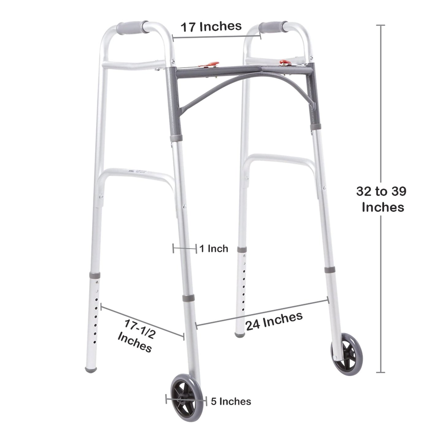 McKesson Dual Release Folding Walker with Wheels Adjustable Height Aluminum Frame 350 lbs. Weight Capacity 32 to 39 Inch Height (1076176_EA)