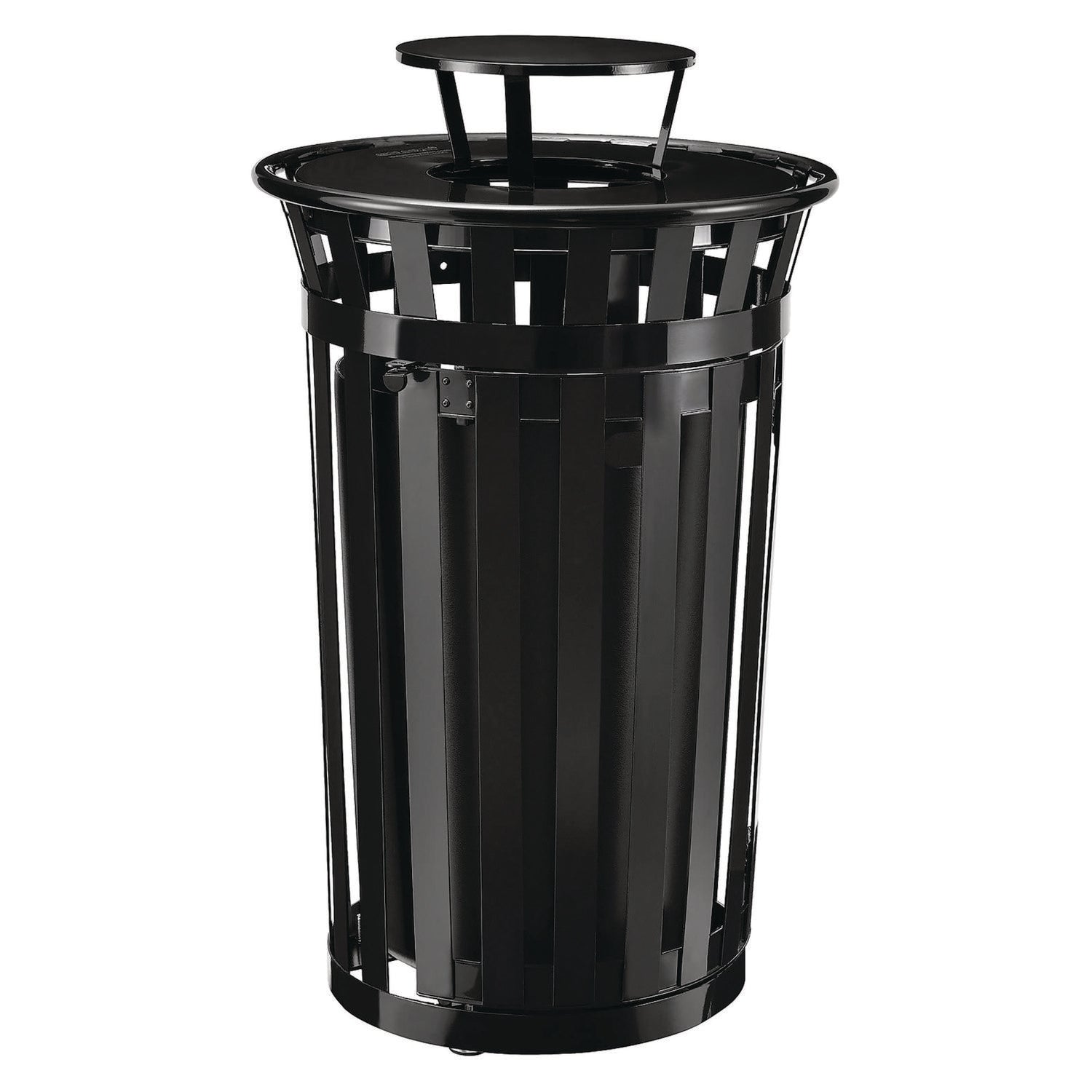 global-industrial-outdoor-slatted-steel-trash-can-with-access-door-and-rain-bonnet-lid-36-gal-black-gbe261941bk_1