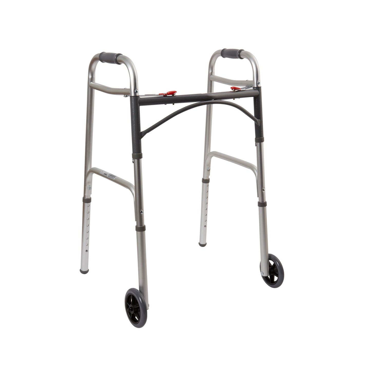 McKesson Dual Release Folding Walker with Wheels Adjustable Height Aluminum Frame 350 lbs. Weight Capacity 32 to 39 Inch Height (1073638_CS)