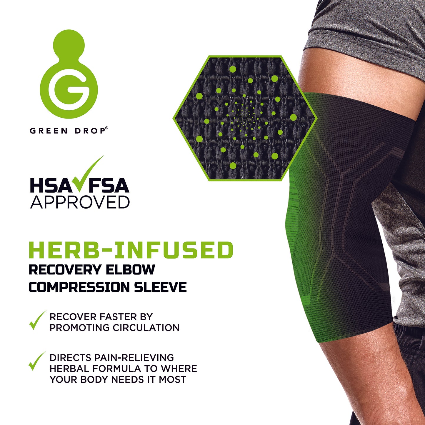 Green Drop™ Elbow Support Small / Medium Pull-On Sleeve Left or Right Elbow 8 to 12 Inch Elbow Circumference Black (1230634_EA)
