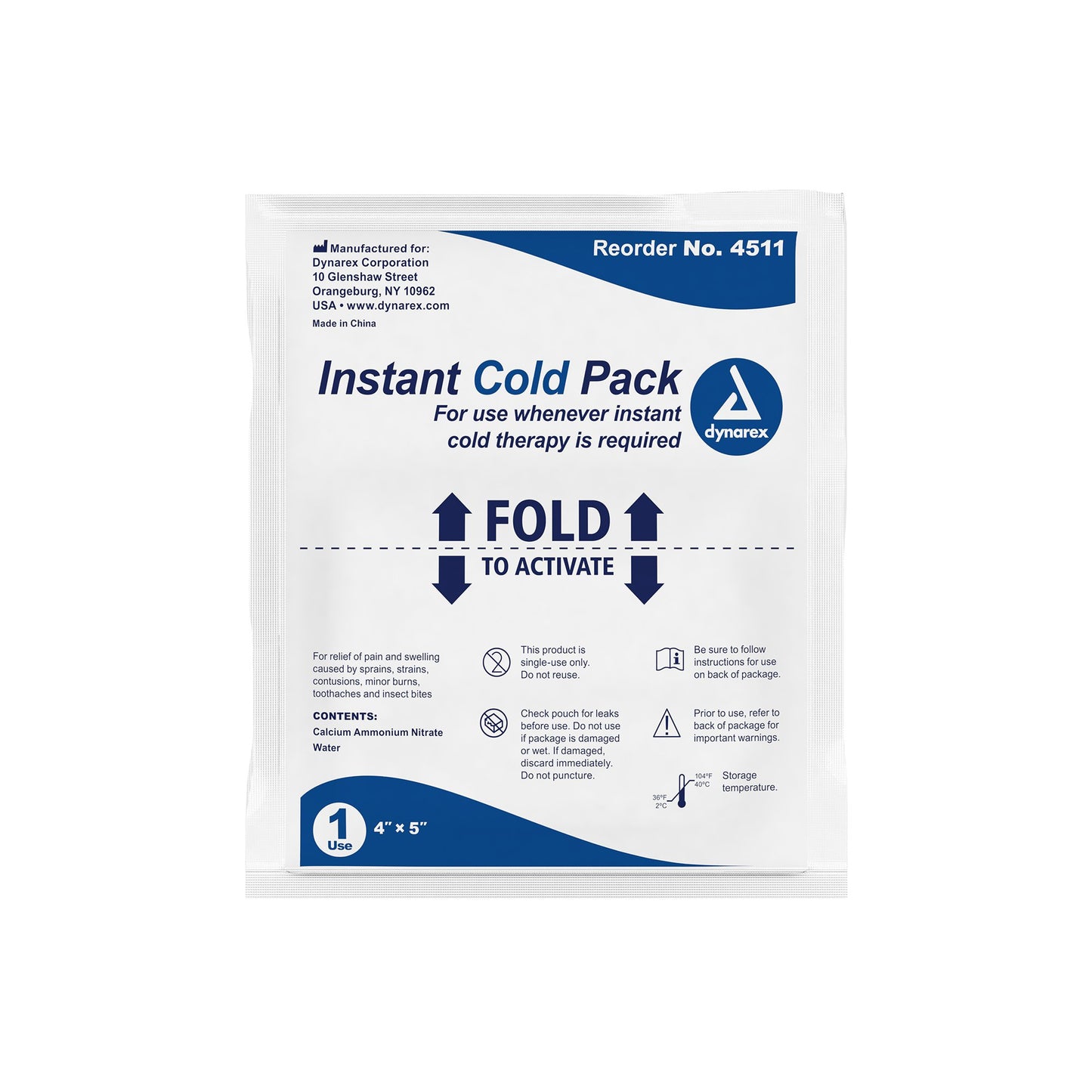 Dynarex® Instant Cold Pack General Purpose One Size Fits Most 4 X 5 Inch Plastic / Calcium Ammonium Nitrate / Water Disposable (876698_CS)
