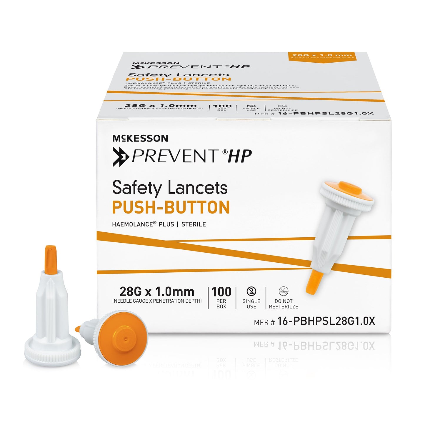 McKesson Prevent® HP Safety Lancet 28 Gauge Retractable Push Button Activation Finger (1217987_BX)