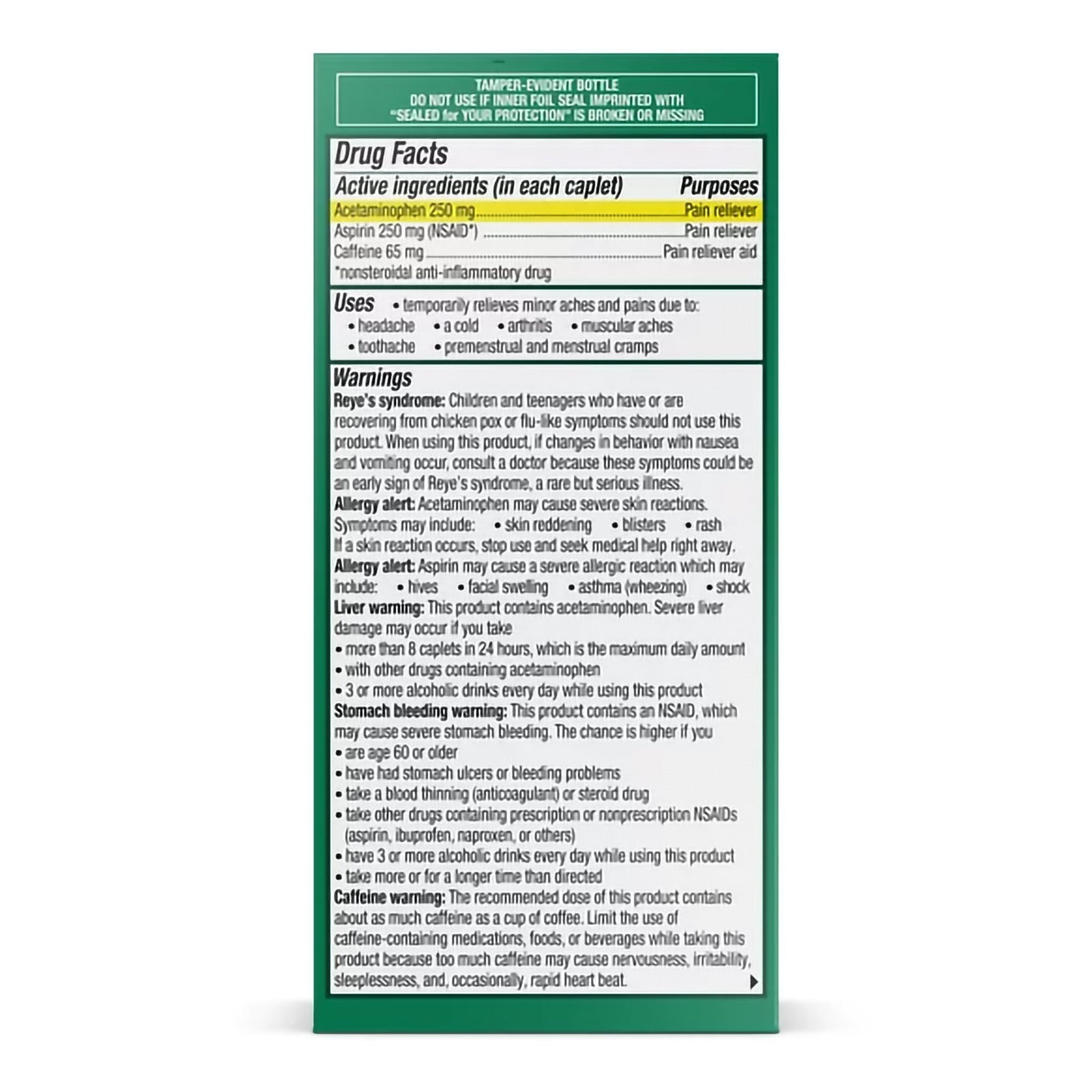 Excedrin® Extra Strength Pain Relief 250 mg - 250 mg - 65 mg Strength Acetaminophen / Aspirin / Caffeine Capsule 100 per Bottle (1261057_BT)