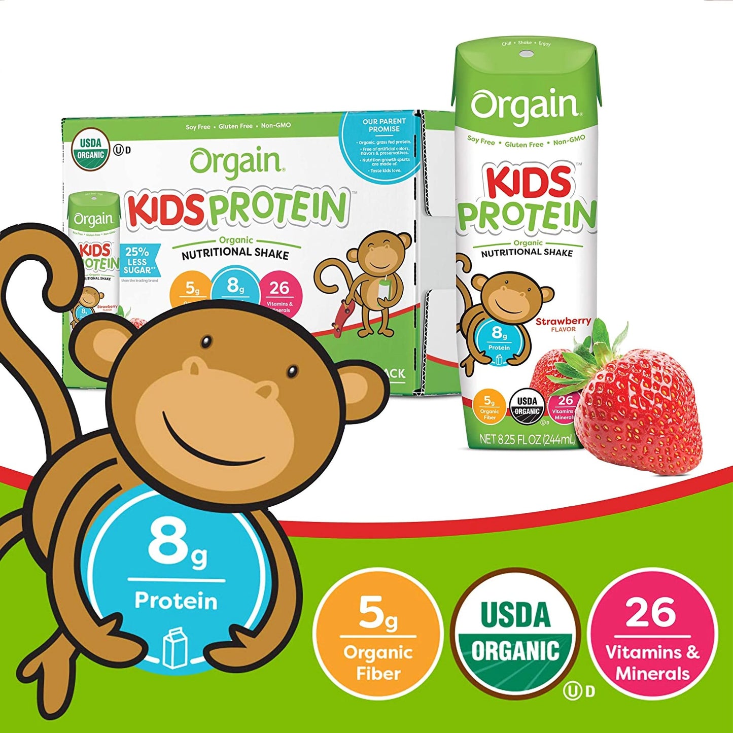 Orgain® Kids Protein™ Organic Nutritional Shake Pediatric Oral Supplement Strawberry Flavor 8.25 oz. Carton Liquid Organic (1104659_CS)