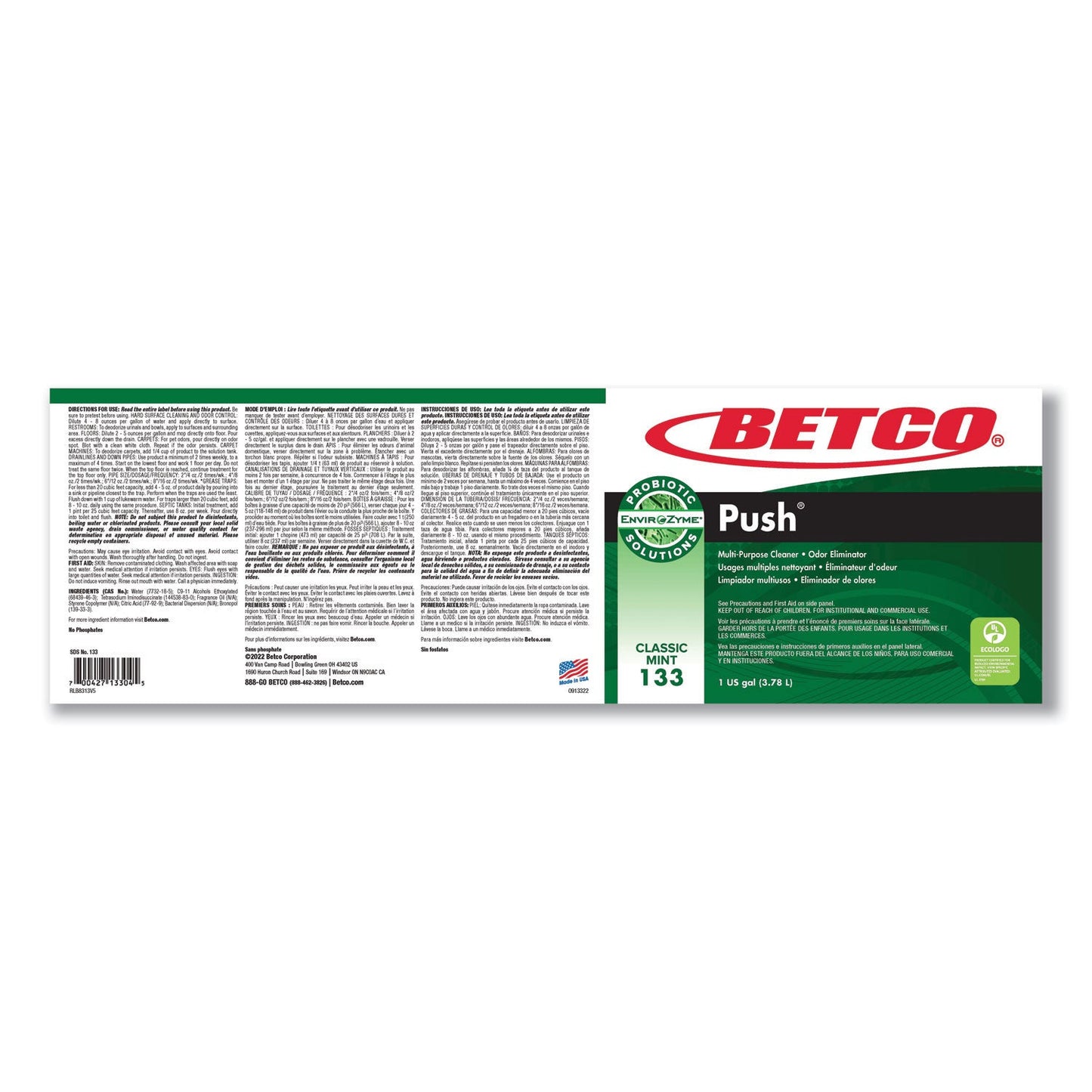 Betco Green Earth Push Enzyme Multipurpose Cleaner, Mint Scent, 1 gal Bottle, 4/Carton (BET1330400)
