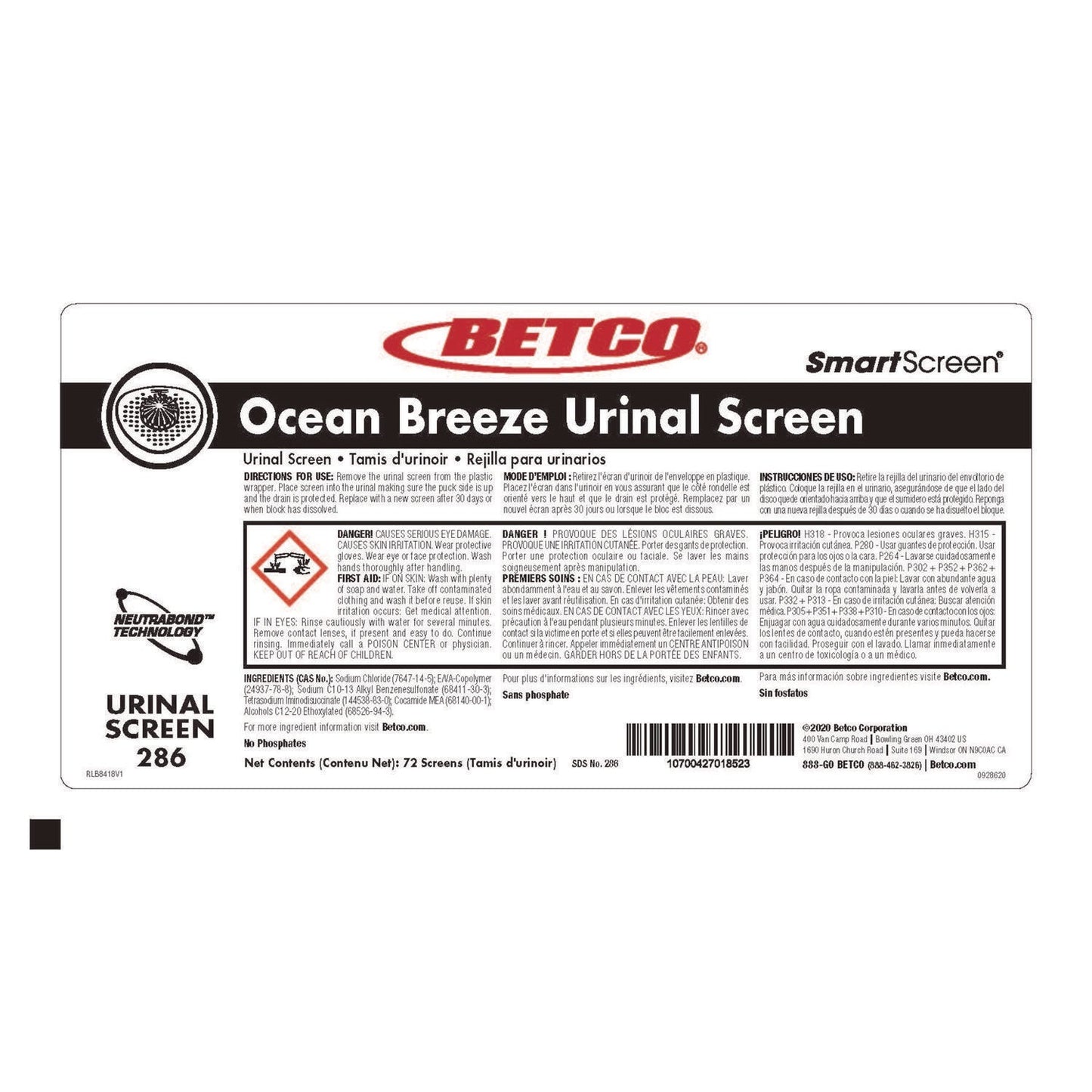 Betco SmartSCREEN Urinal Screen, Ocean Blue Scent, Blue, 1 lb, 72/Carton (BET2867200)