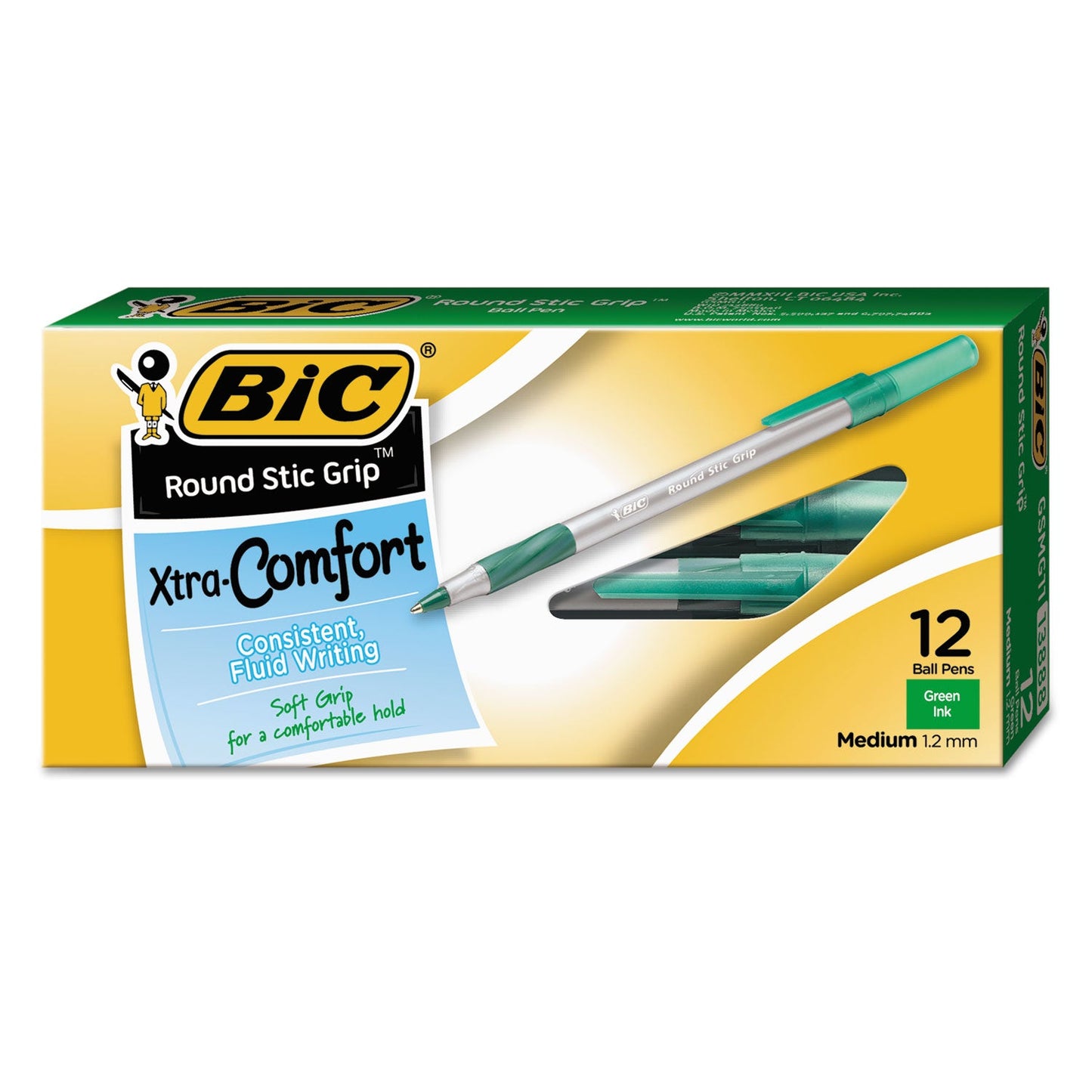 BIC Round Stic Grip Xtra Comfort Stick Ballpoint Pen, 1.2mm, Green Ink, Gray Barrel, Dozen (BICGSMG11GN)