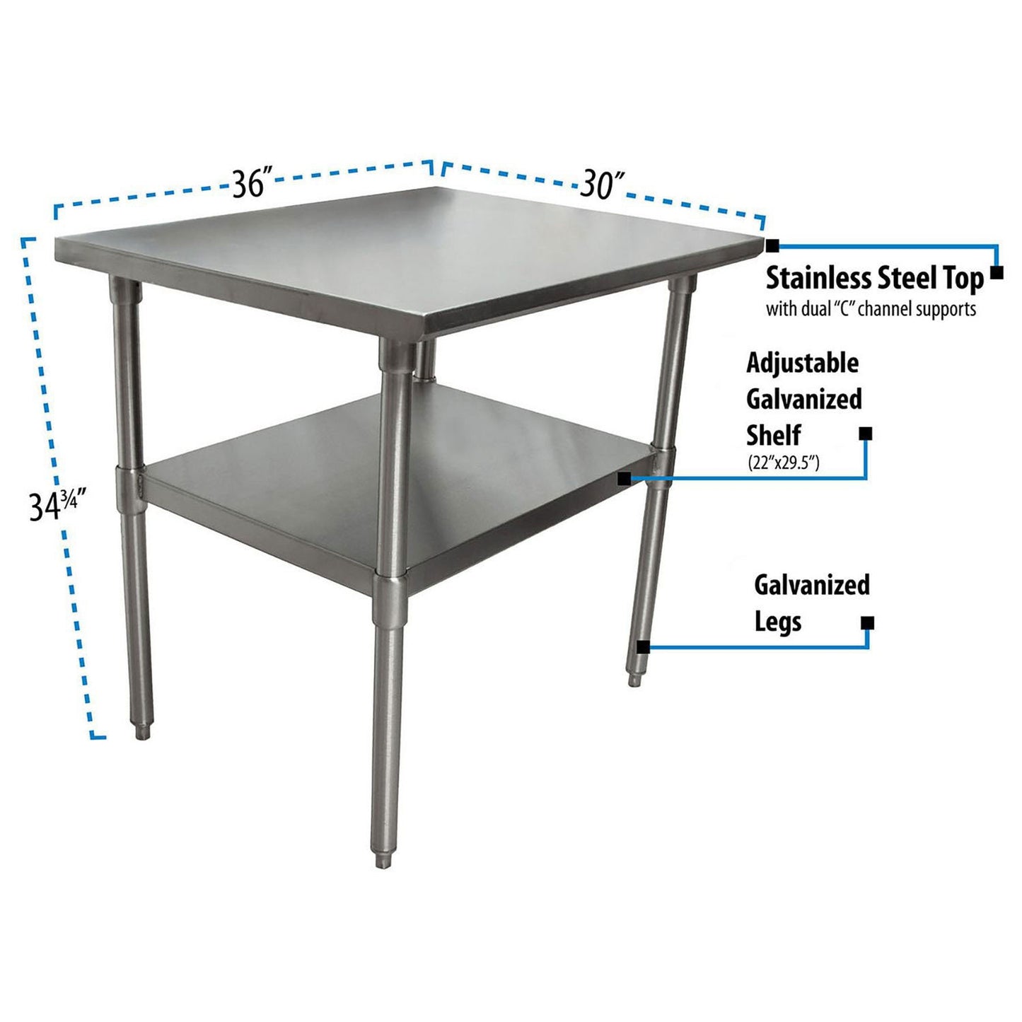 BK Resources Stainless Steel Flat Top Work Tables, 36w x 30d x 36h, Silver, 2/Pallet (BKE2VT3630)