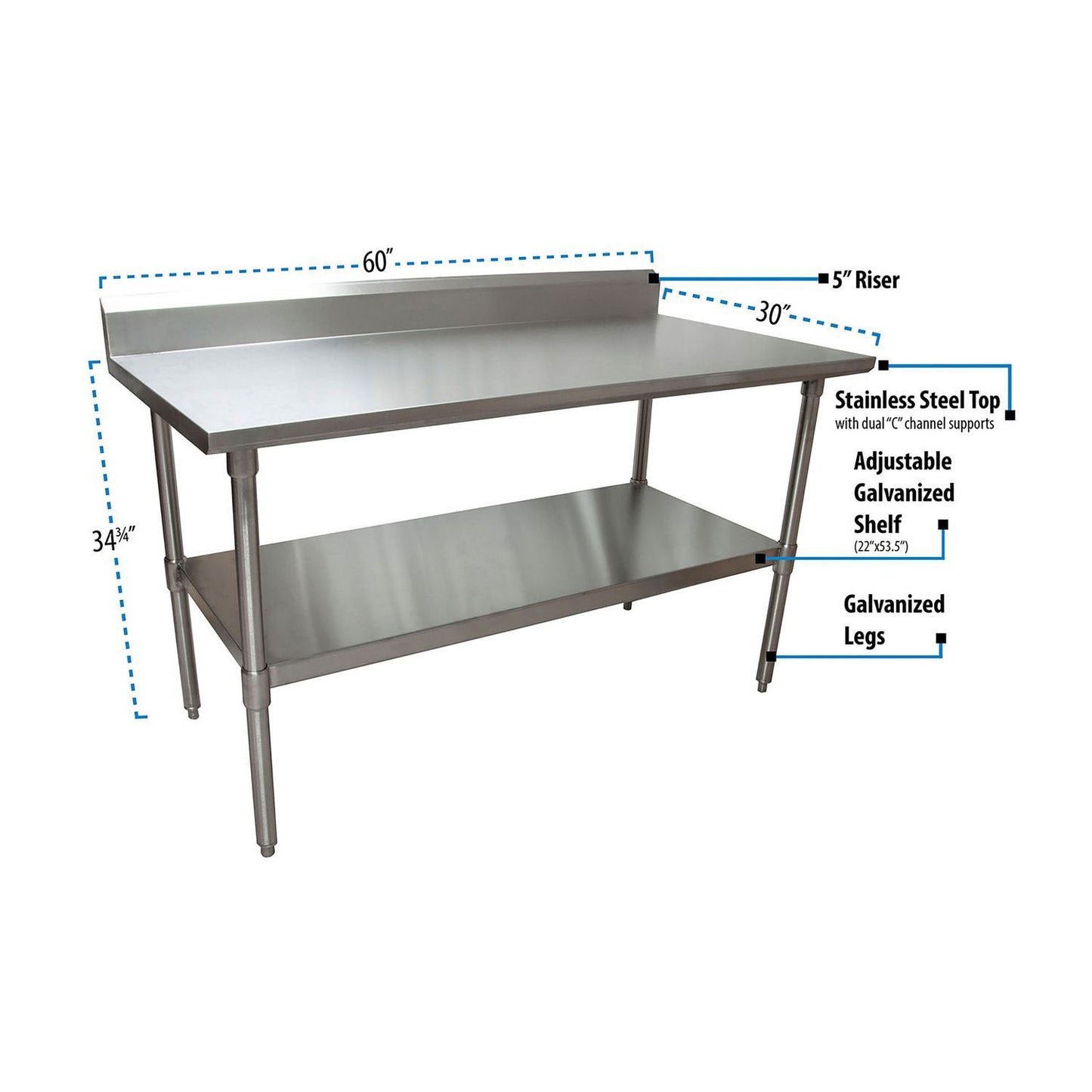BK Resources Stainless Steel 5" Riser Top Tables, 60w x 30d x 39.75h, Silver, 2/Pallet (BKE2VTR56030)
